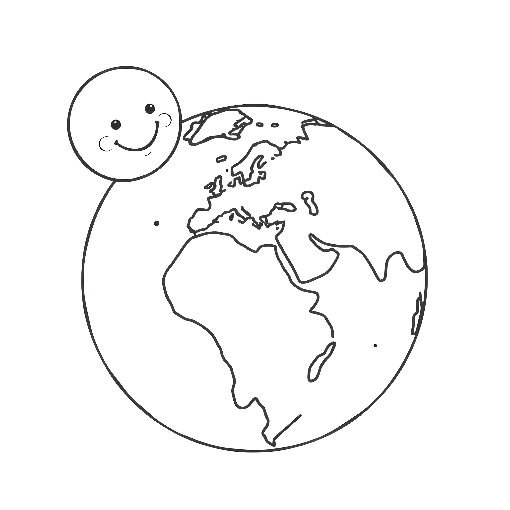 Earth with a smiling face Coloring Page (free black-and-white line drawing printable PDF for all, from beginners to advanced learners, including children, teens, adults, and seniors)
