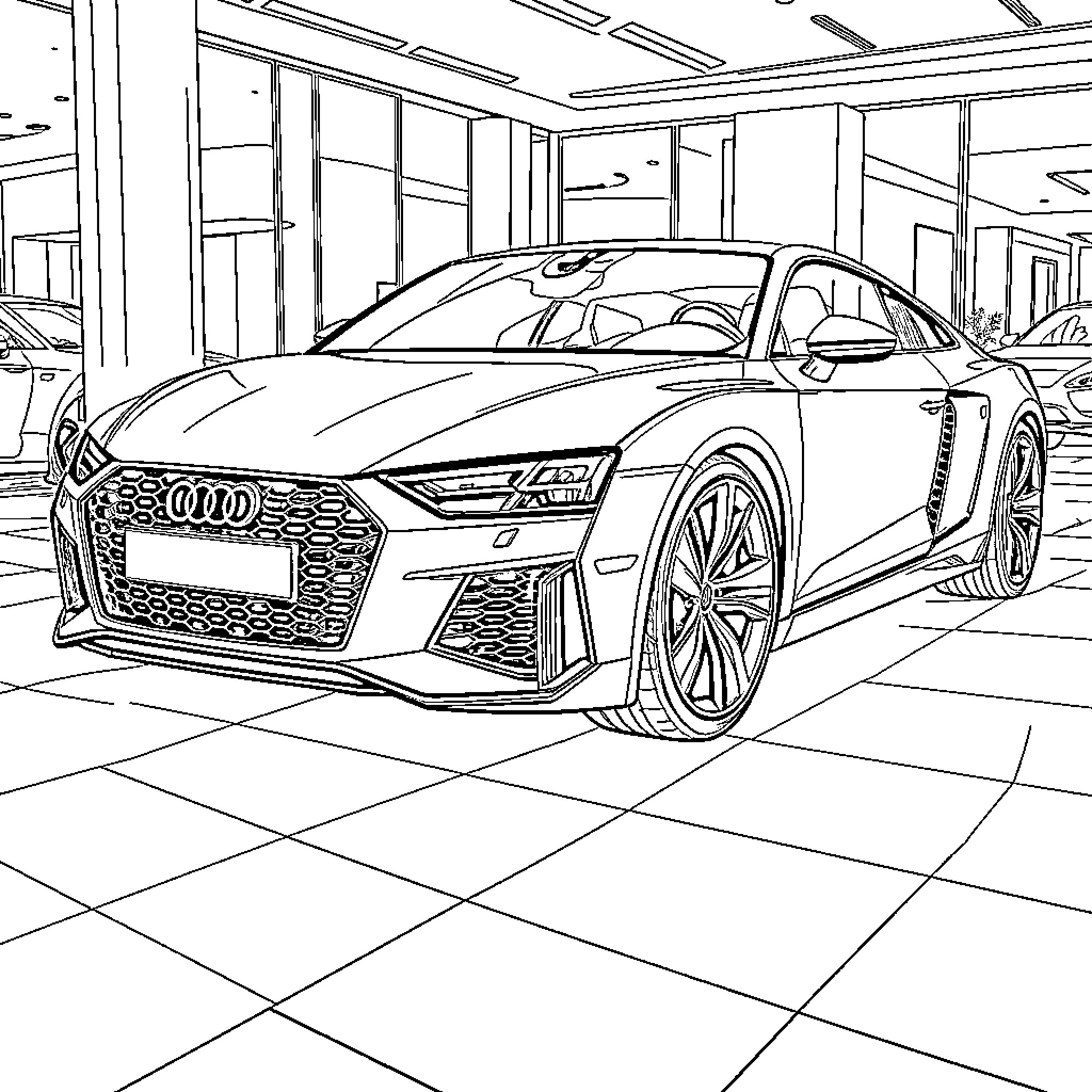 Audi sports car in showroom setting Coloring Page (free black-and-white line drawing printable PDF for all, from beginners to advanced learners, including children, teens, adults, and seniors)