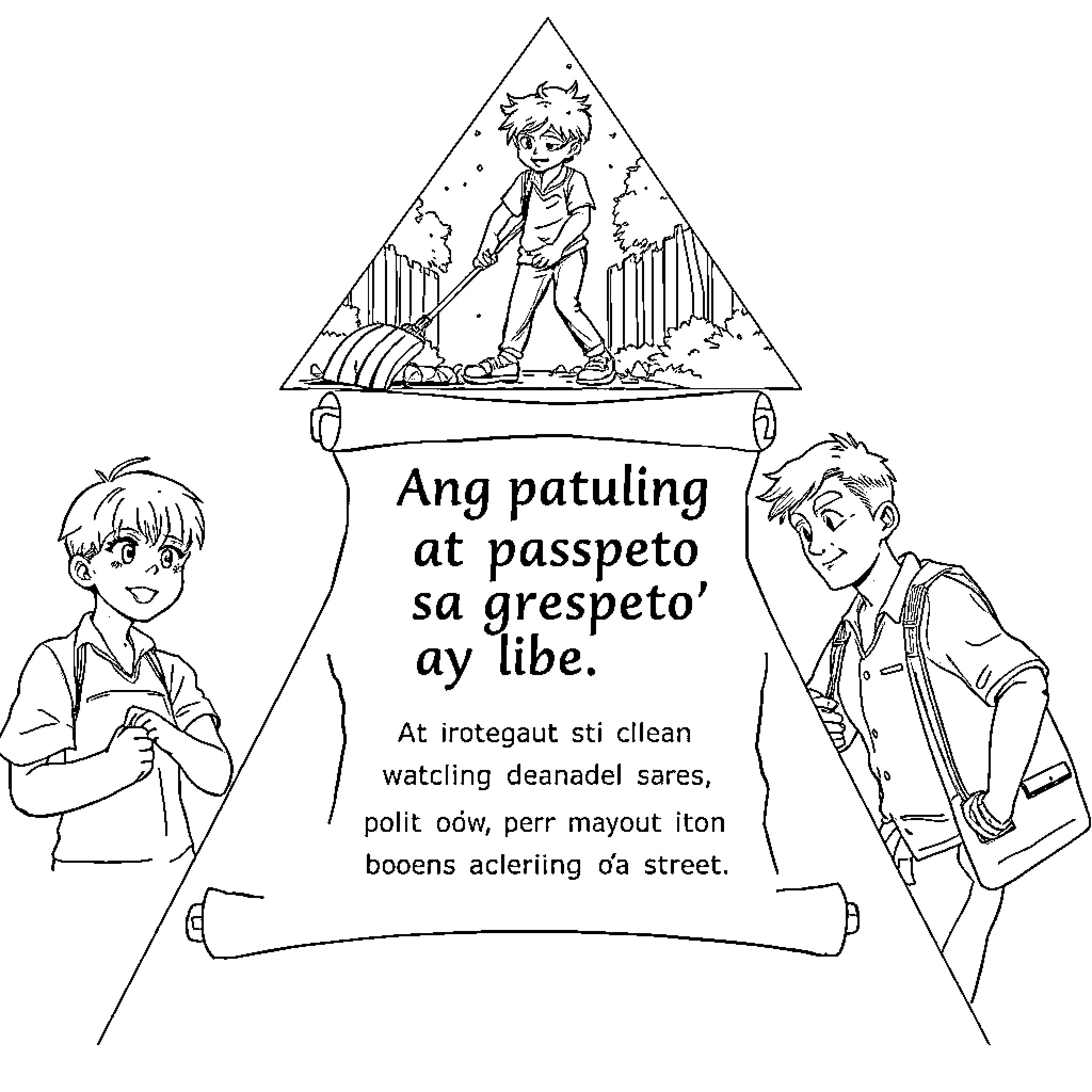 Anime Boys on Adventure with Caution Sign Coloring Page (free black-and-white line drawing printable PDF for all, from beginners to advanced learners, including children, teens, adults, and seniors)
