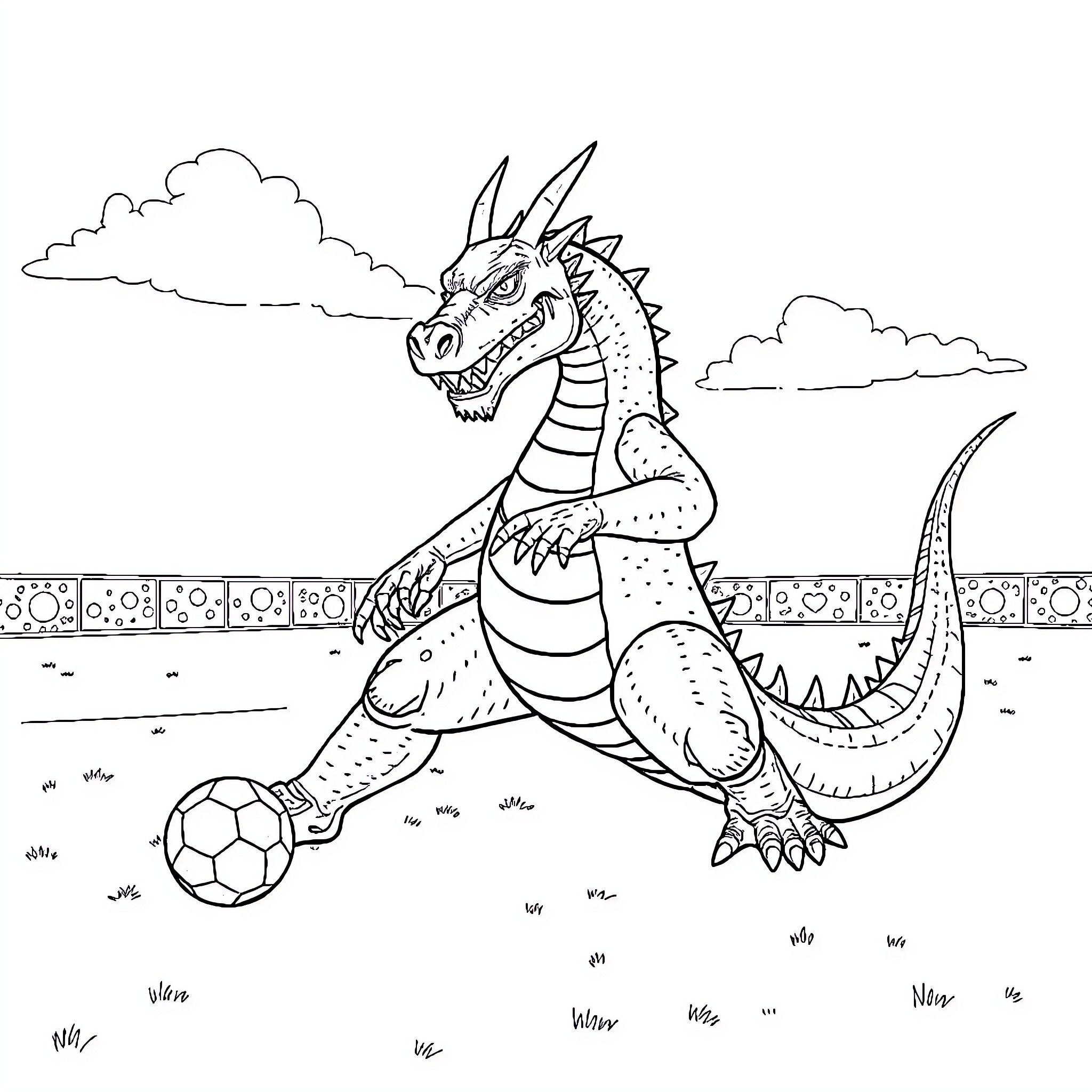 Dracaufeu playing with soccer ball in field Coloring Page (free black-and-white line drawing printable PDF for all, from beginners to advanced learners, including children, teens, adults, and seniors)