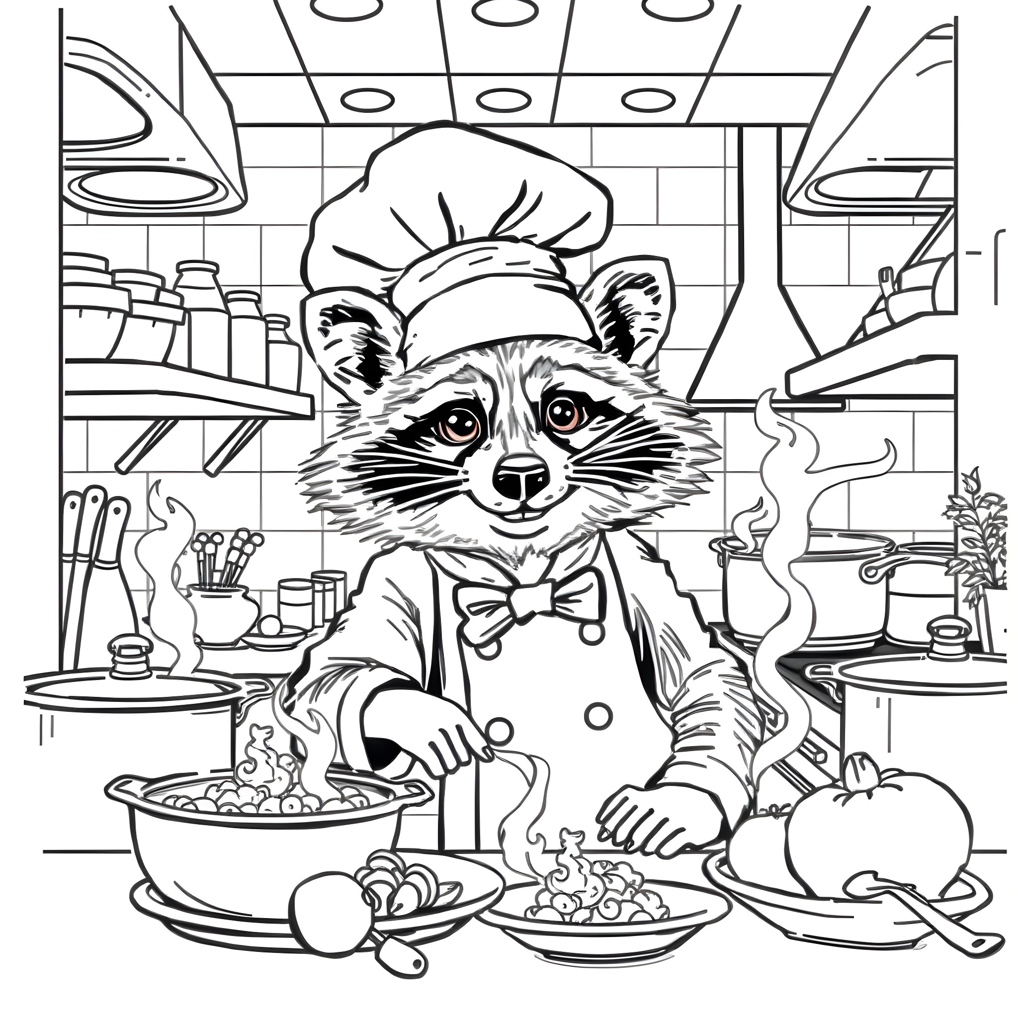 Raccoon chef cooking tasty meal in kitchen Coloring Page (free black-and-white line drawing printable PDF for all, from beginners to advanced learners, including children, teens, adults, and seniors)