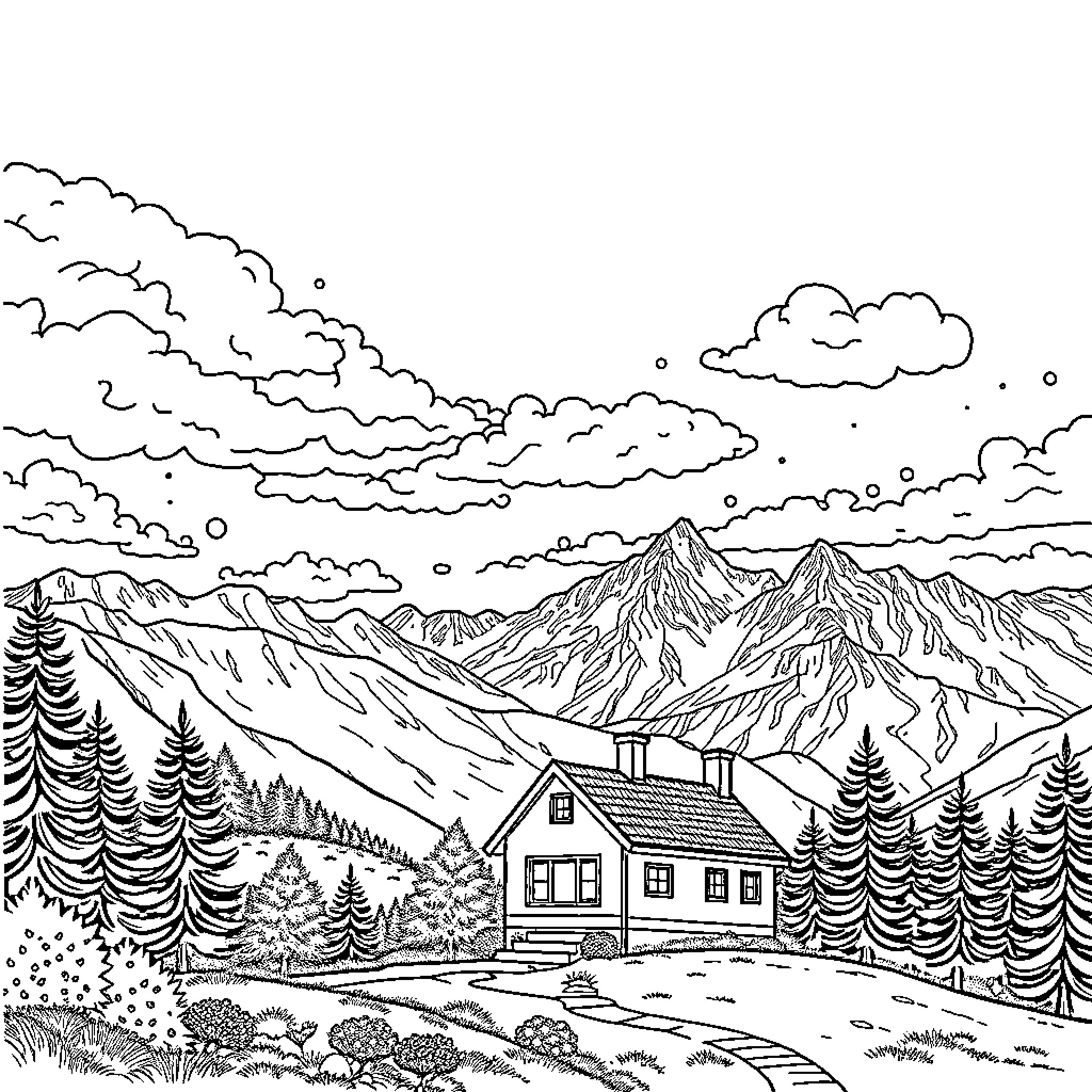 Landscape with a Rustic Cabin in the Mountains Coloring Page (free black-and-white line drawing printable PDF for all, from beginners to advanced learners, including children, teens, adults, and seniors)