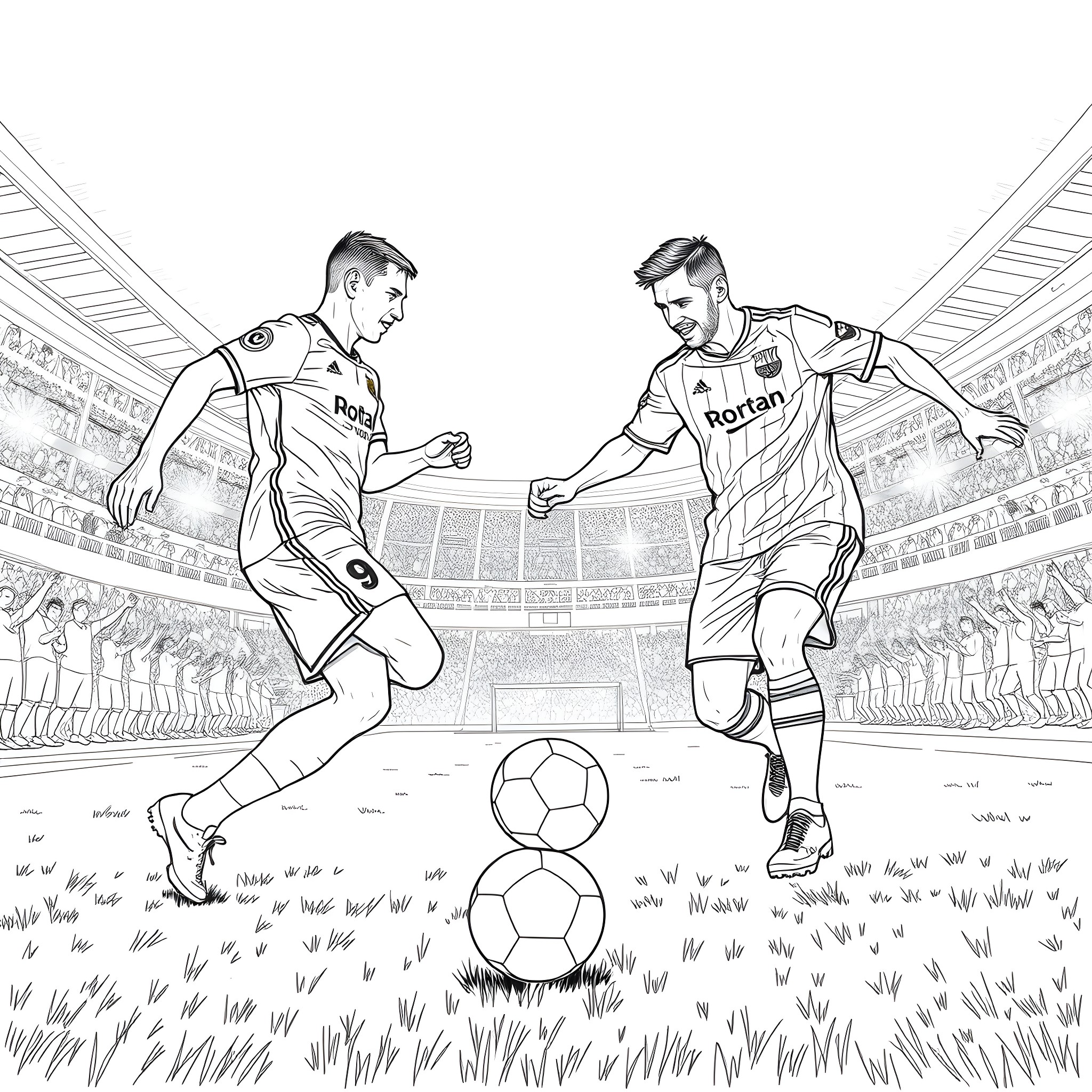 Ronaldo players in an intense soccer match Coloring Page (free black-and-white line drawing printable PDF for all, from beginners to advanced learners, including children, teens, adults, and seniors)