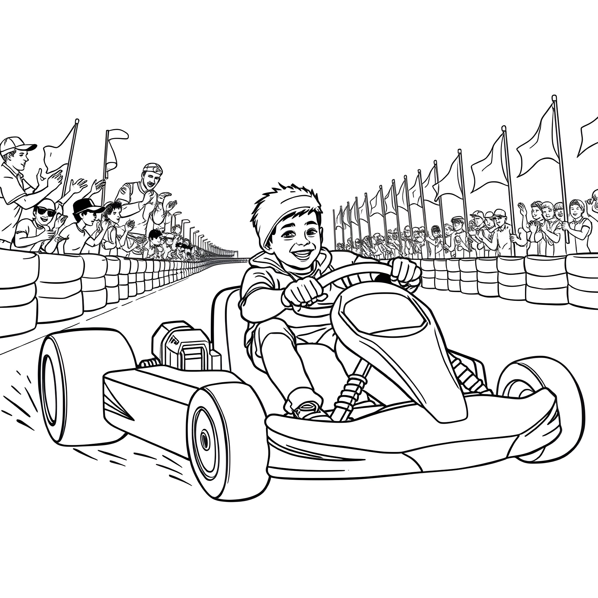 Boy racing in Go-Kart at the track Coloring Page (free black-and-white line drawing printable PDF for all, from beginners to advanced learners, including children, teens, adults, and seniors)