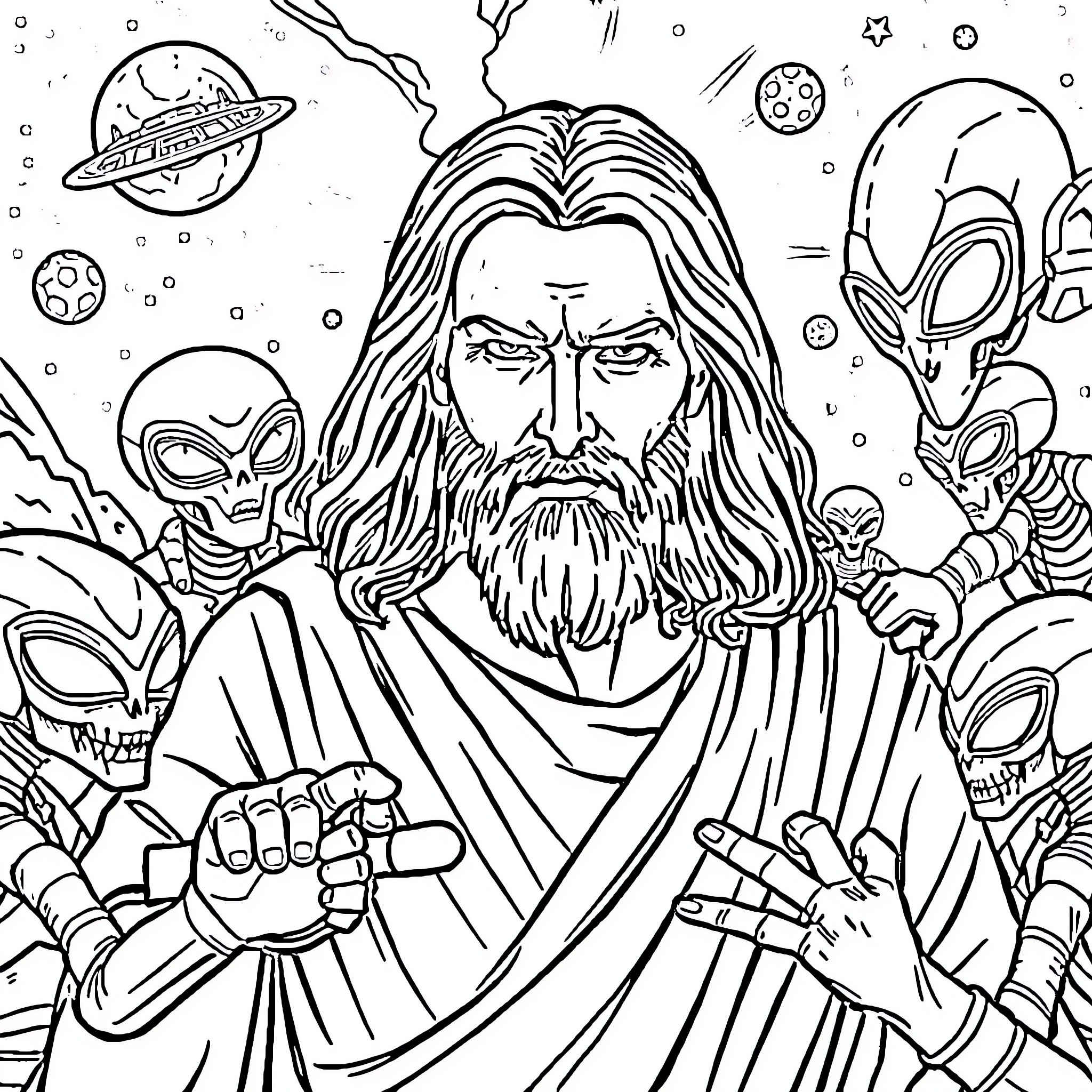 Jesus among Extraterrestrials in Cosmic Encounter Coloring Page (free black-and-white line drawing printable PDF for all, from beginners to advanced learners, including children, teens, adults, and seniors)