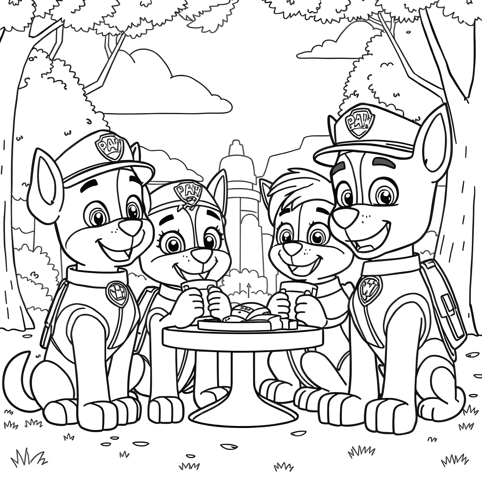Paw Patrol pups in a forest adventure Coloring Page (free black-and-white line drawing printable PDF for all, from beginners to advanced learners, including children, teens, adults, and seniors)