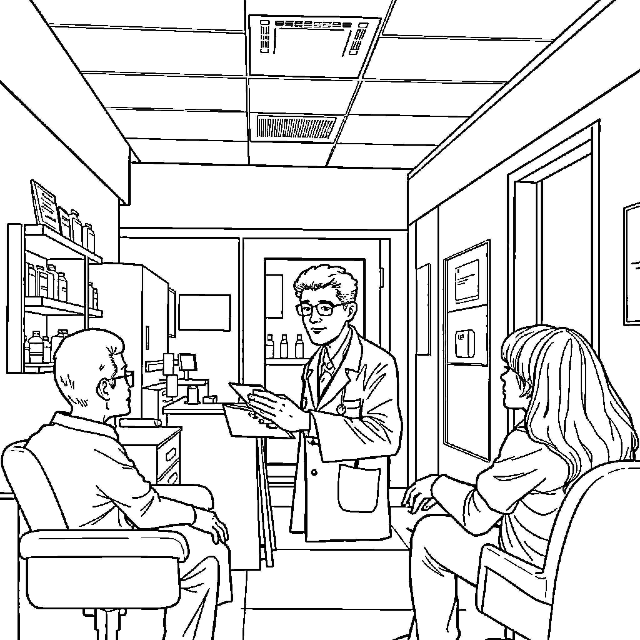 Dr Cayarga's Medical Consultation with Patients Coloring Page (free black-and-white line drawing printable PDF for all, from beginners to advanced learners, including children, teens, adults, and seniors)