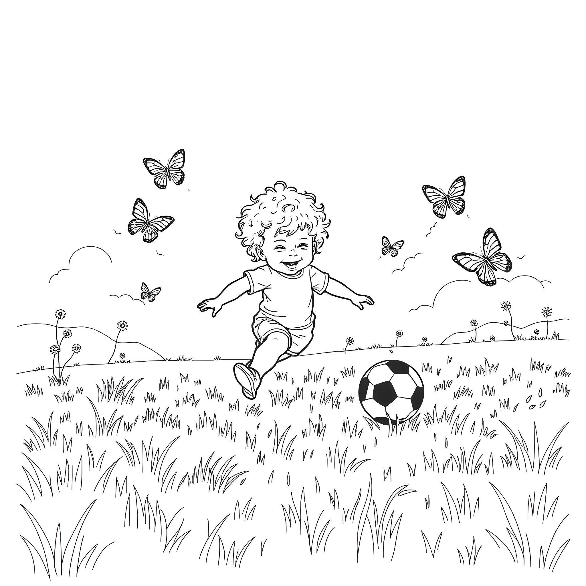 Baby Playing Joyfully with Soccer Ball in Grassy Field Coloring Page (free black-and-white line drawing printable PDF for all, from beginners to advanced learners, including children, teens, adults, and seniors)