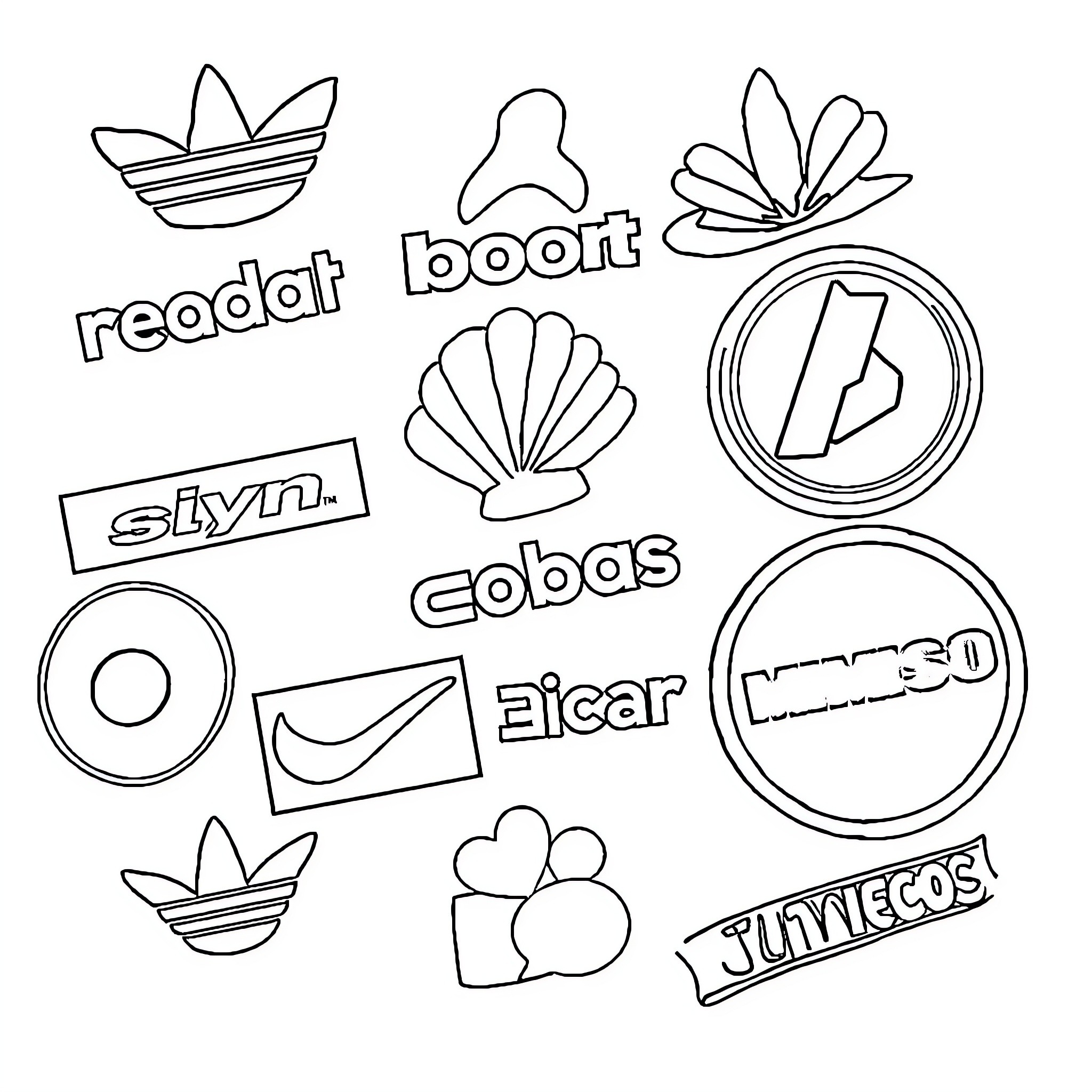 Logo designs and symbols with various shapes and styles Coloring Page (free black-and-white line drawing printable PDF for all, from beginners to advanced learners, including children, teens, adults, and seniors)