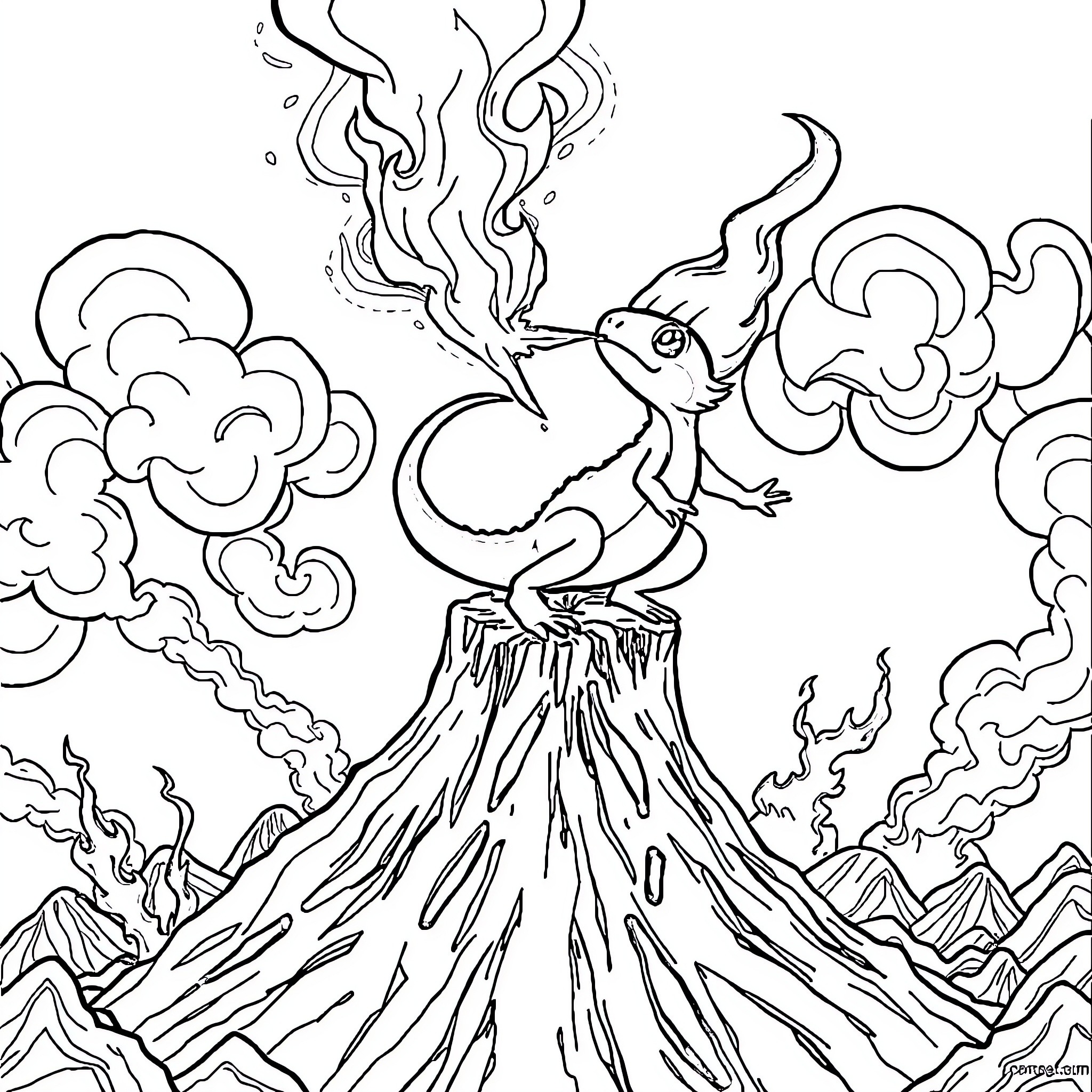 Salamèche exploring a fiery volcanic landscape Coloring Page (free black-and-white line drawing printable PDF for all, from beginners to advanced learners, including children, teens, adults, and seniors)