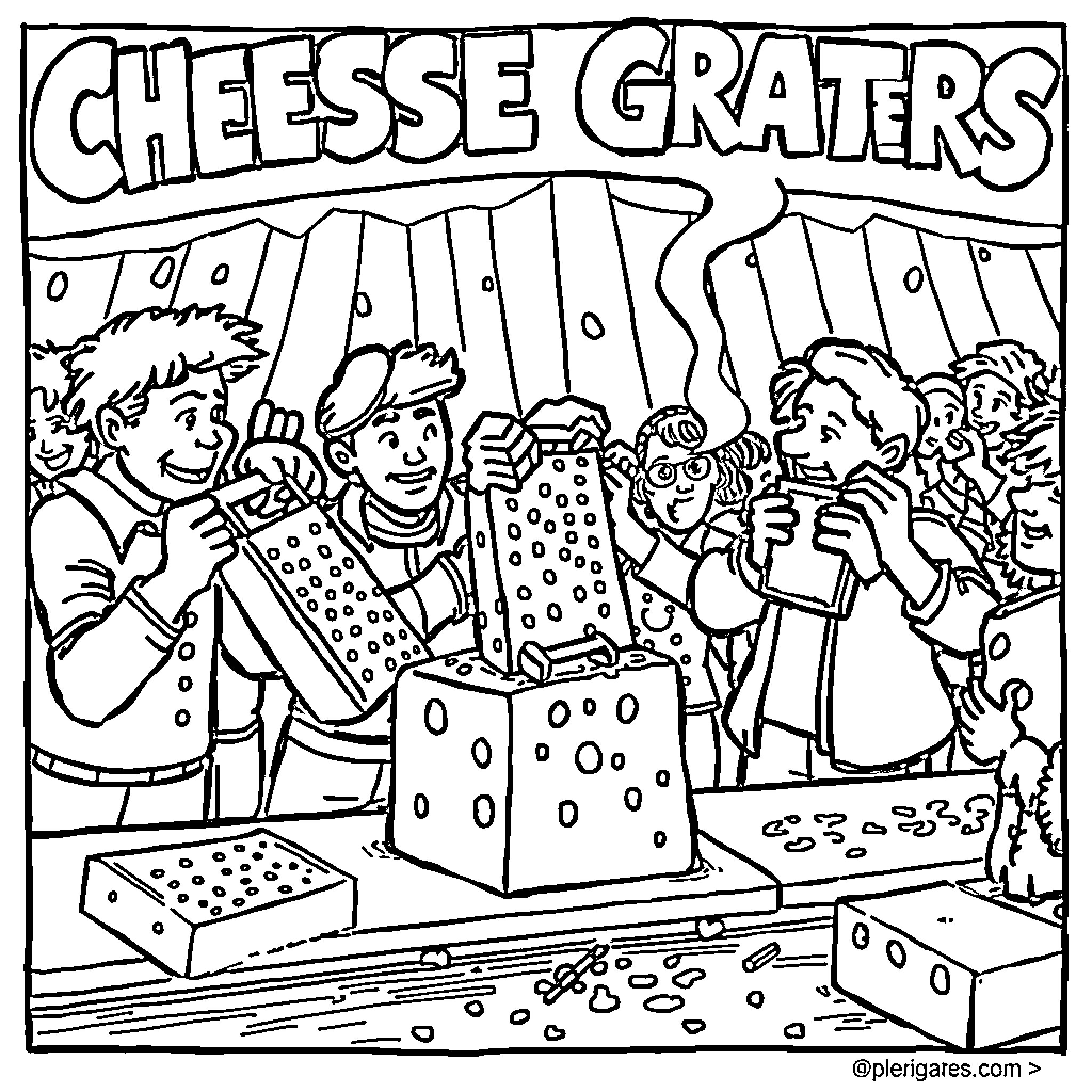 Cheese Grater Enthusiasts Gather for Grating Celebration Coloring Page (free black-and-white line drawing printable PDF for all, from beginners to advanced learners, including children, teens, adults, and seniors)
