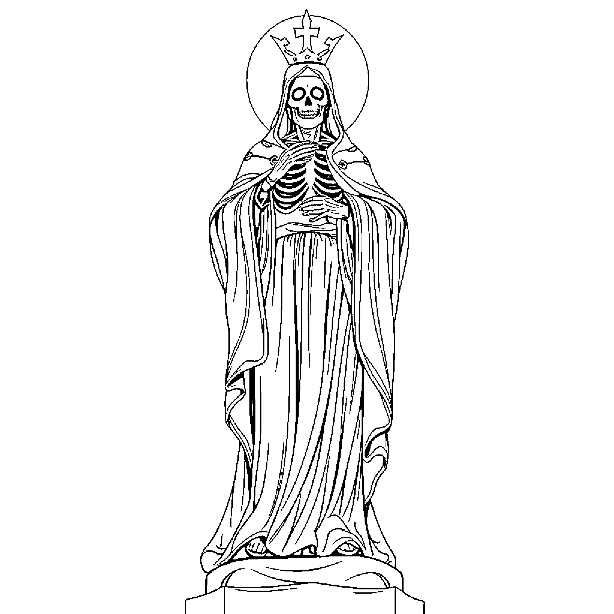 Santa Muerte in skeletal form with ornate robes Coloring Page (free black-and-white line drawing printable PDF for all, from beginners to advanced learners, including children, teens, adults, and seniors)