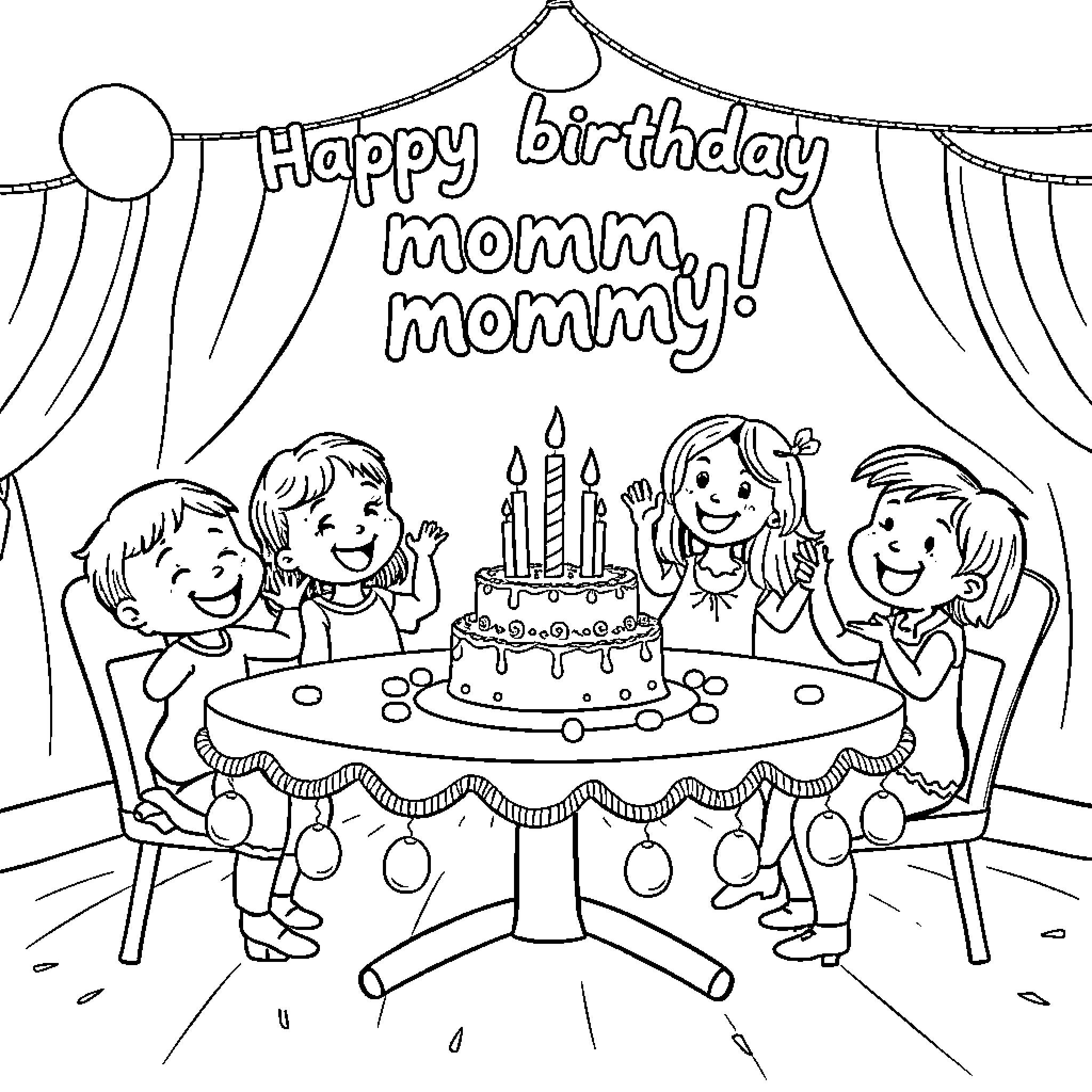 Mommy's Birthday Party with Family Coloring Page (free black-and-white line drawing printable PDF for all, from beginners to advanced learners, including children, teens, adults, and seniors)