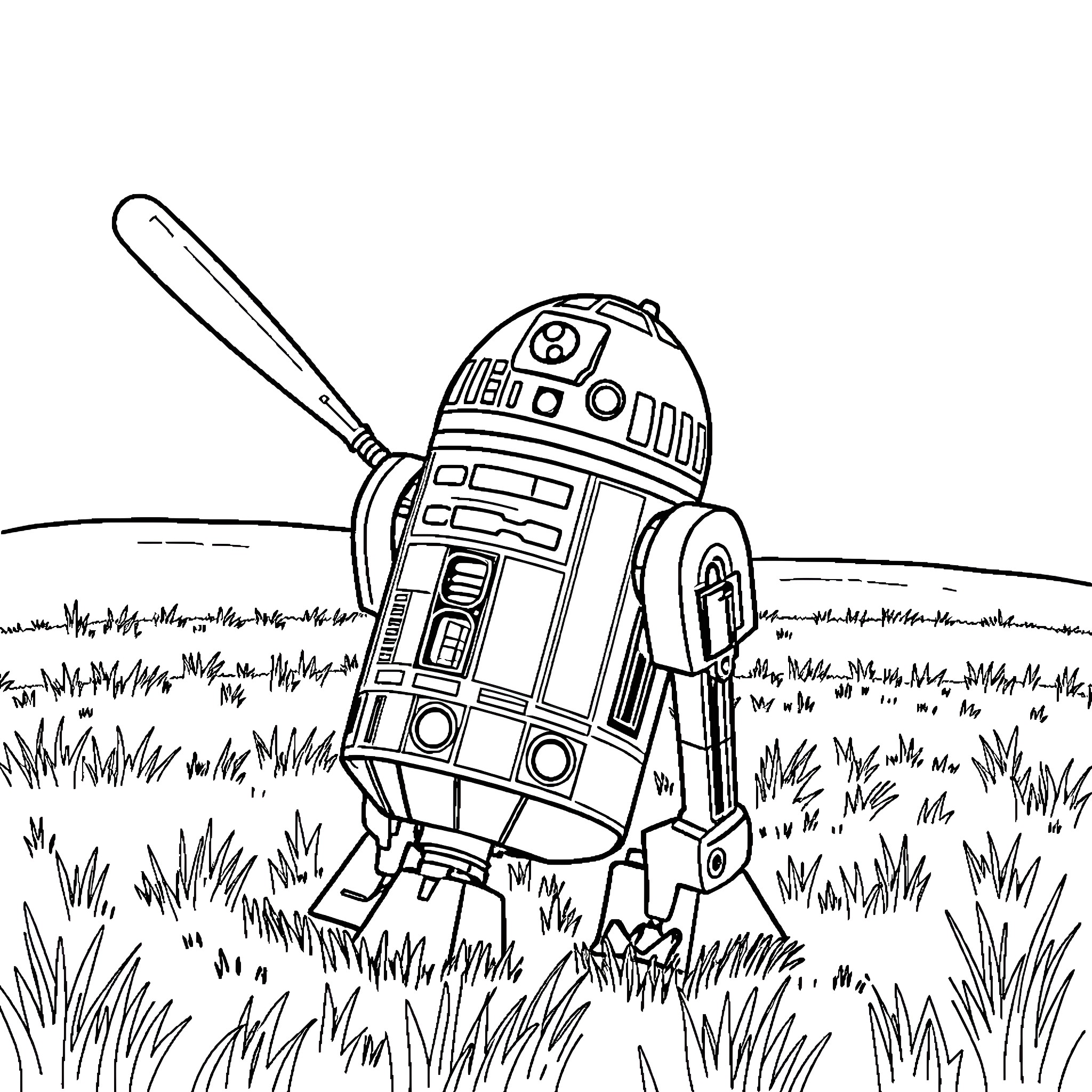R2D2 exploring the grassy landscape Coloring Page (free black-and-white line drawing printable PDF for all, from beginners to advanced learners, including children, teens, adults, and seniors)