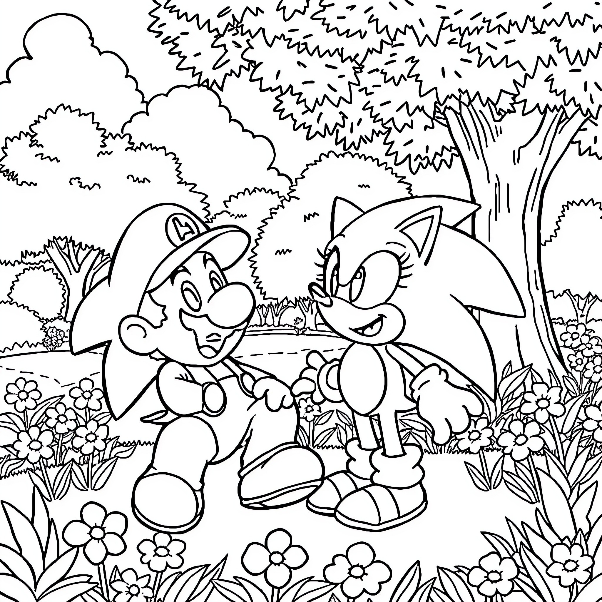 Mario and Sonic's Outdoor Adventure Coloring Page (free black-and-white line drawing printable PDF for all, from beginners to advanced learners, including children, teens, adults, and seniors)