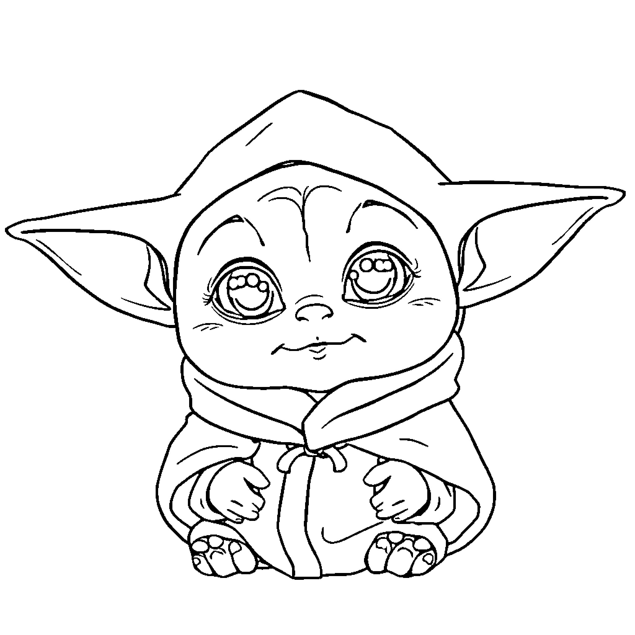 Baby Yoda sitting with a happy expression Coloring Page (free black-and-white line drawing printable PDF for all, from beginners to advanced learners, including children, teens, adults, and seniors)