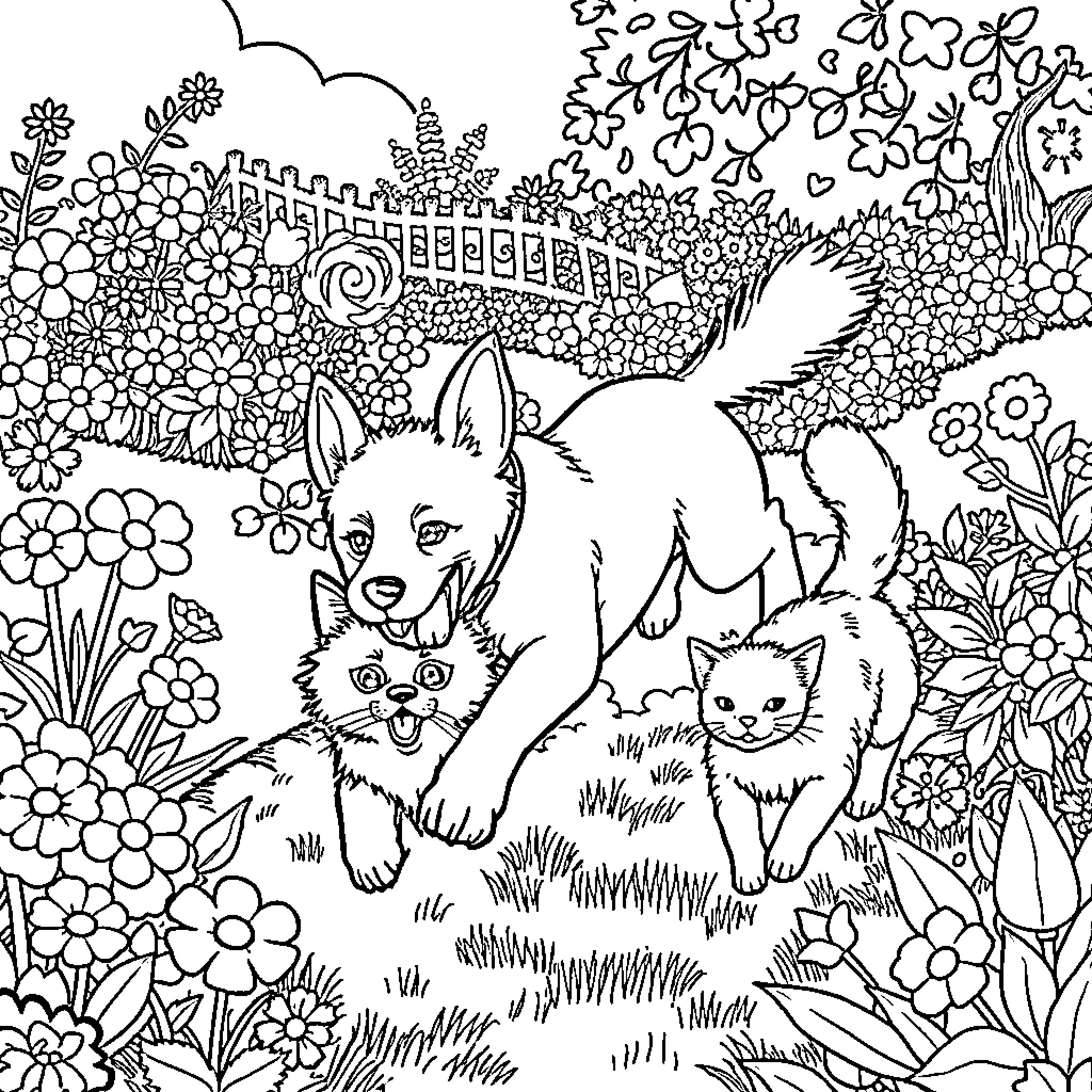 Dog and kittens playing in a garden Coloring Page (free black-and-white line drawing printable PDF for all, from beginners to advanced learners, including children, teens, adults, and seniors)