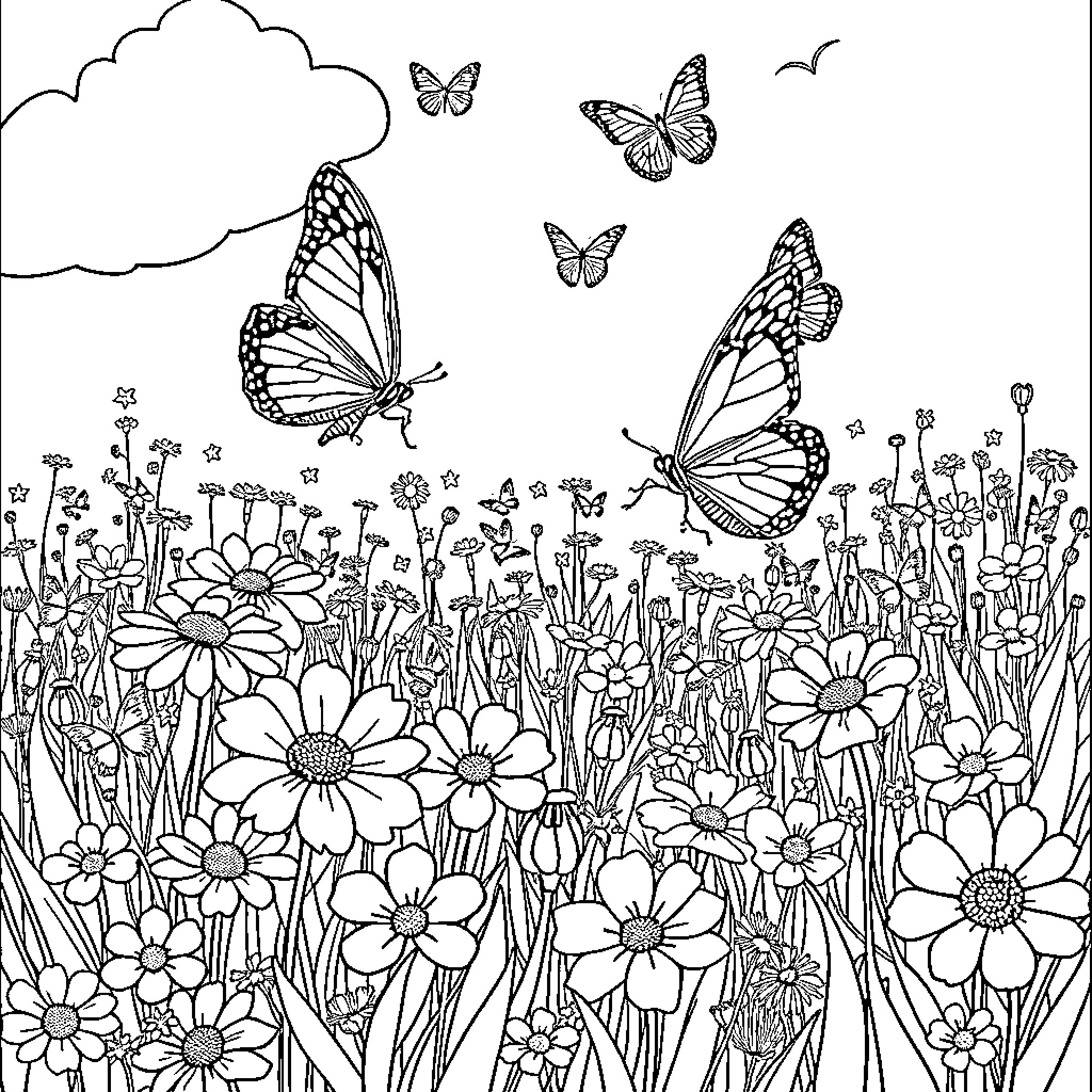 Butterfly Garden Delight Coloring Page (free black-and-white line drawing printable PDF for all, from beginners to advanced learners, including children, teens, adults, and seniors)