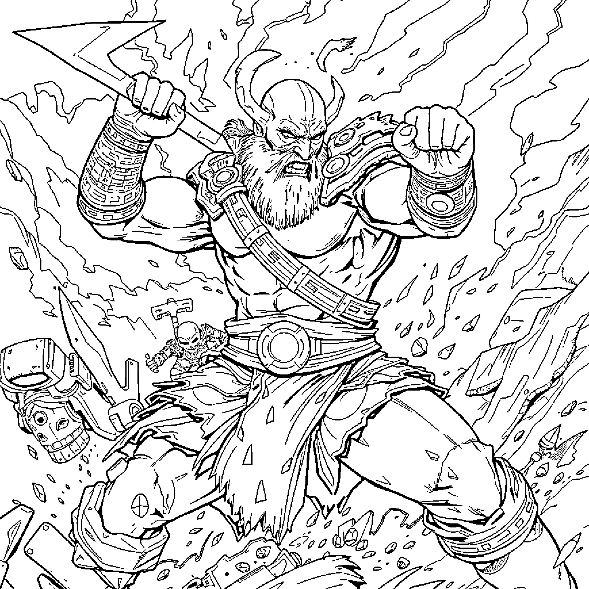Kratos, the Fearless God of War, Unleashes His Might Coloring Page (free black-and-white line drawing printable PDF for all, from beginners to advanced learners, including children, teens, adults, and seniors)