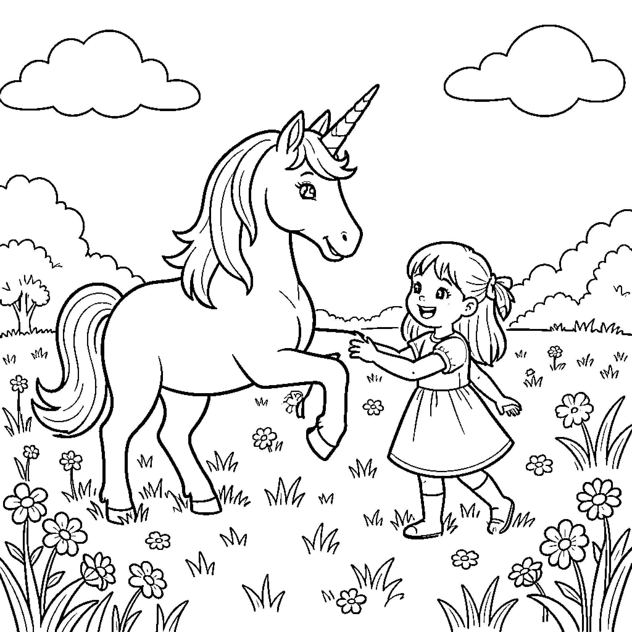 Unicorn interacting gently with a smiling young girl Coloring Page (free black-and-white line drawing printable PDF for all, from beginners to advanced learners, including children, teens, adults, and seniors)