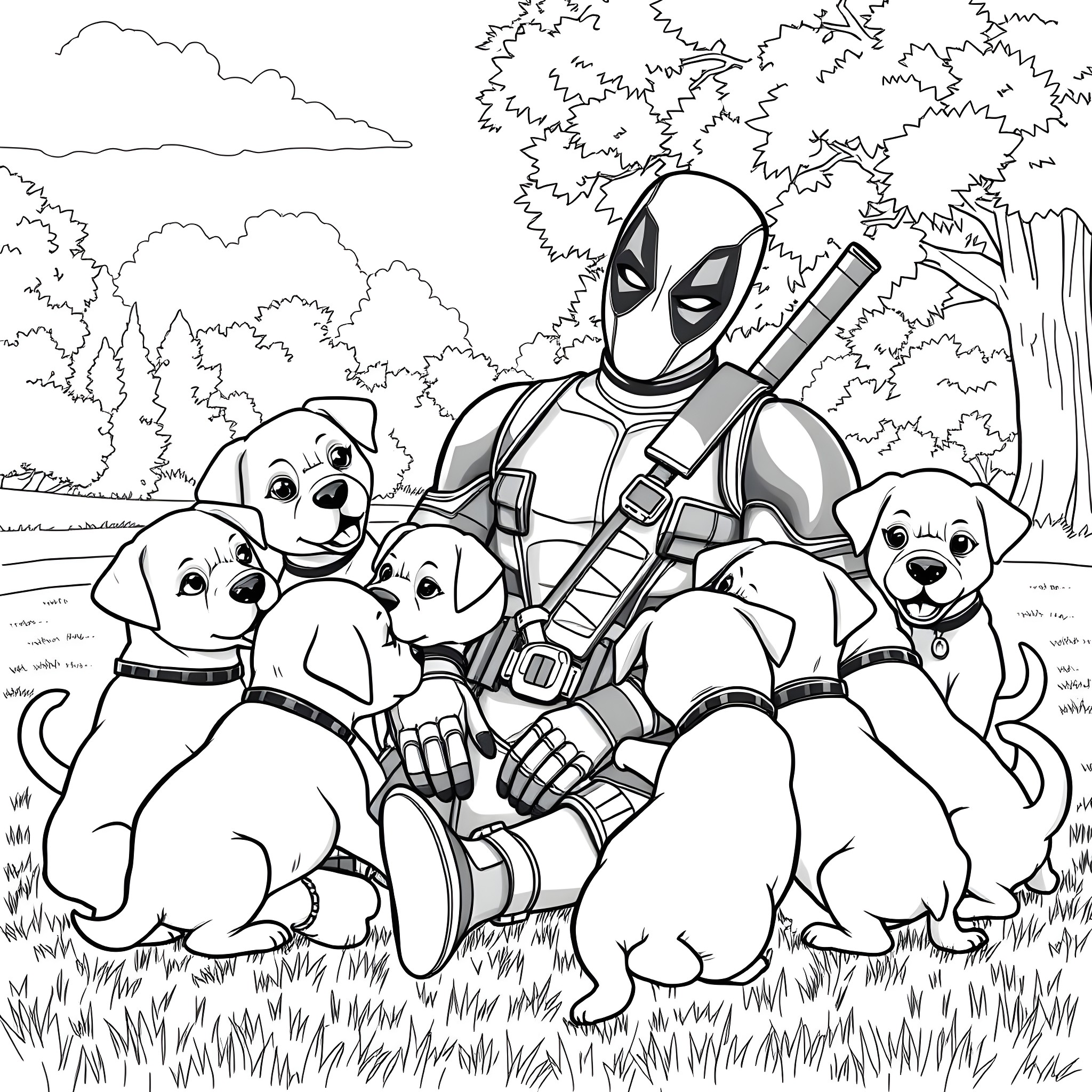 Deadpool's Playful Companions in the Wilderness Coloring Page (free black-and-white line drawing printable PDF for all, from beginners to advanced learners, including children, teens, adults, and seniors)
