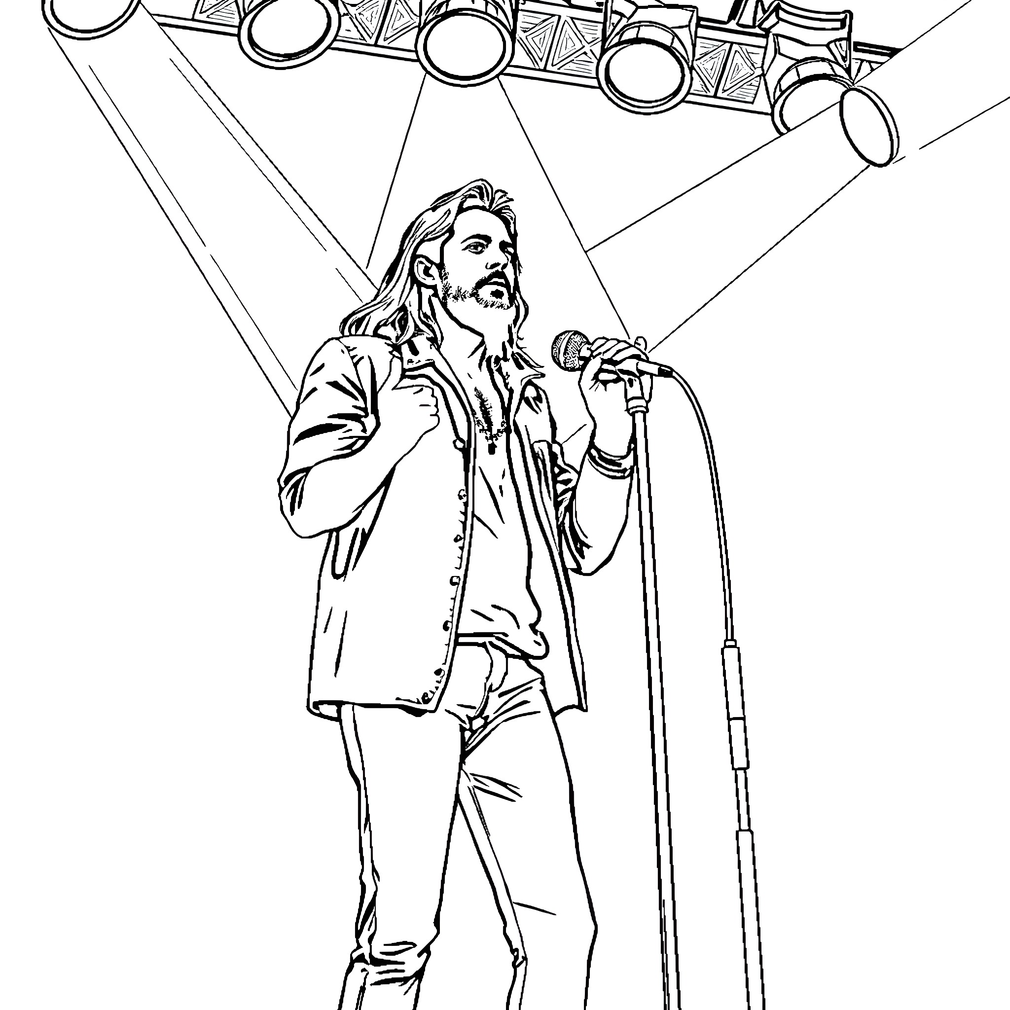 Peter Steele performing on stage with musical instruments Coloring Page (free black-and-white line drawing printable PDF for all, from beginners to advanced learners, including children, teens, adults, and seniors)