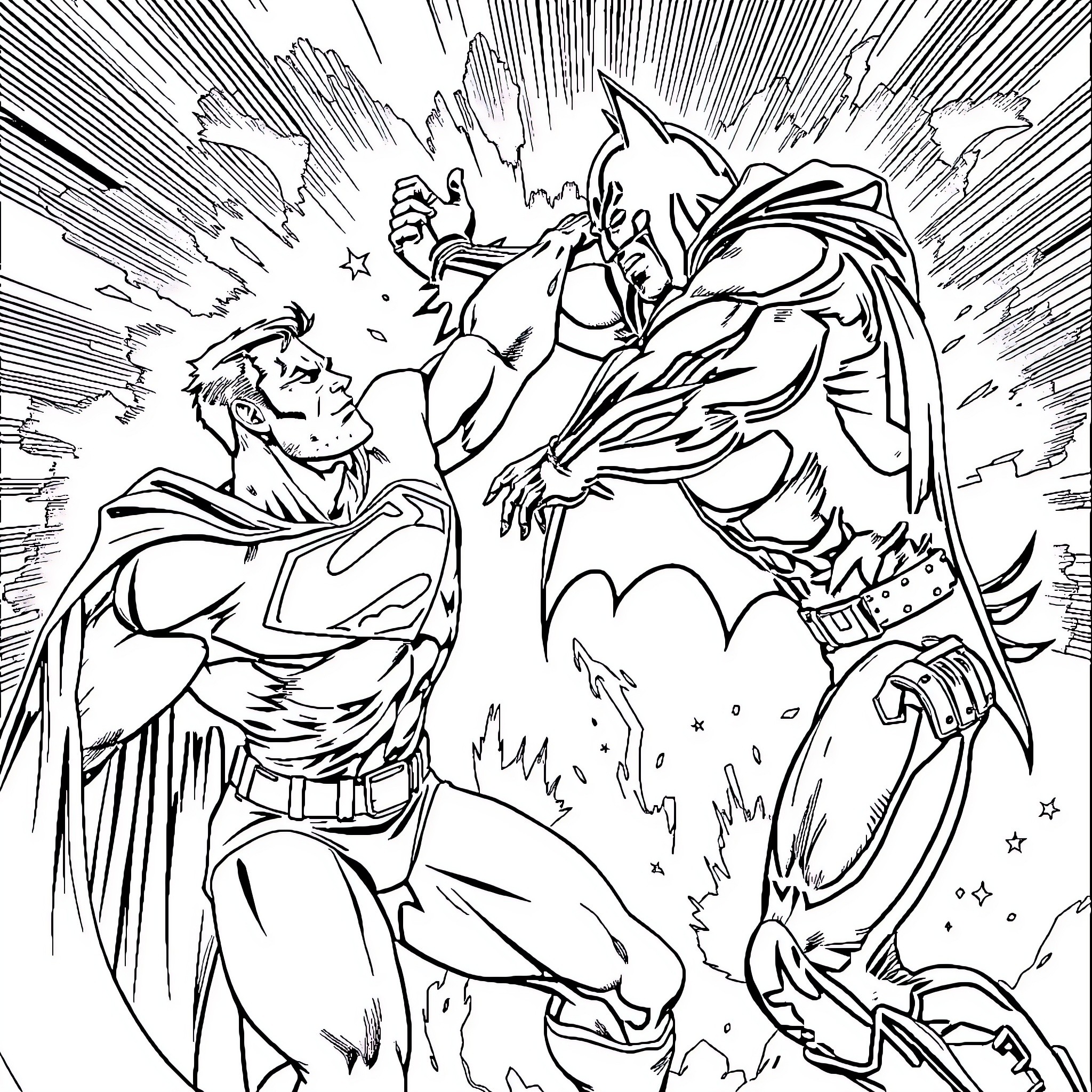 Batman battling a fierce villain in an intense clash Coloring Page (free black-and-white line drawing printable PDF for all, from beginners to advanced learners, including children, teens, adults, and seniors)
