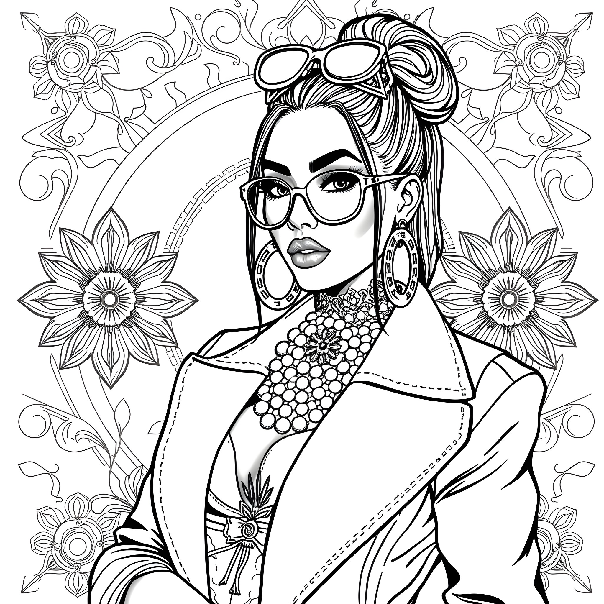 Nicki's Floral Glamour Coloring Page (free black-and-white line drawing printable PDF for all, from beginners to advanced learners, including children, teens, adults, and seniors)