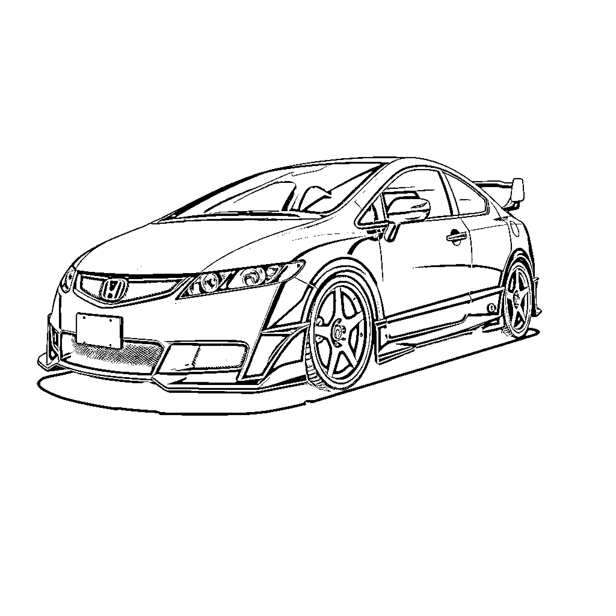 Honda Civic with sporty modifications Coloring Page (free black-and-white line drawing printable PDF for all, from beginners to advanced learners, including children, teens, adults, and seniors)
