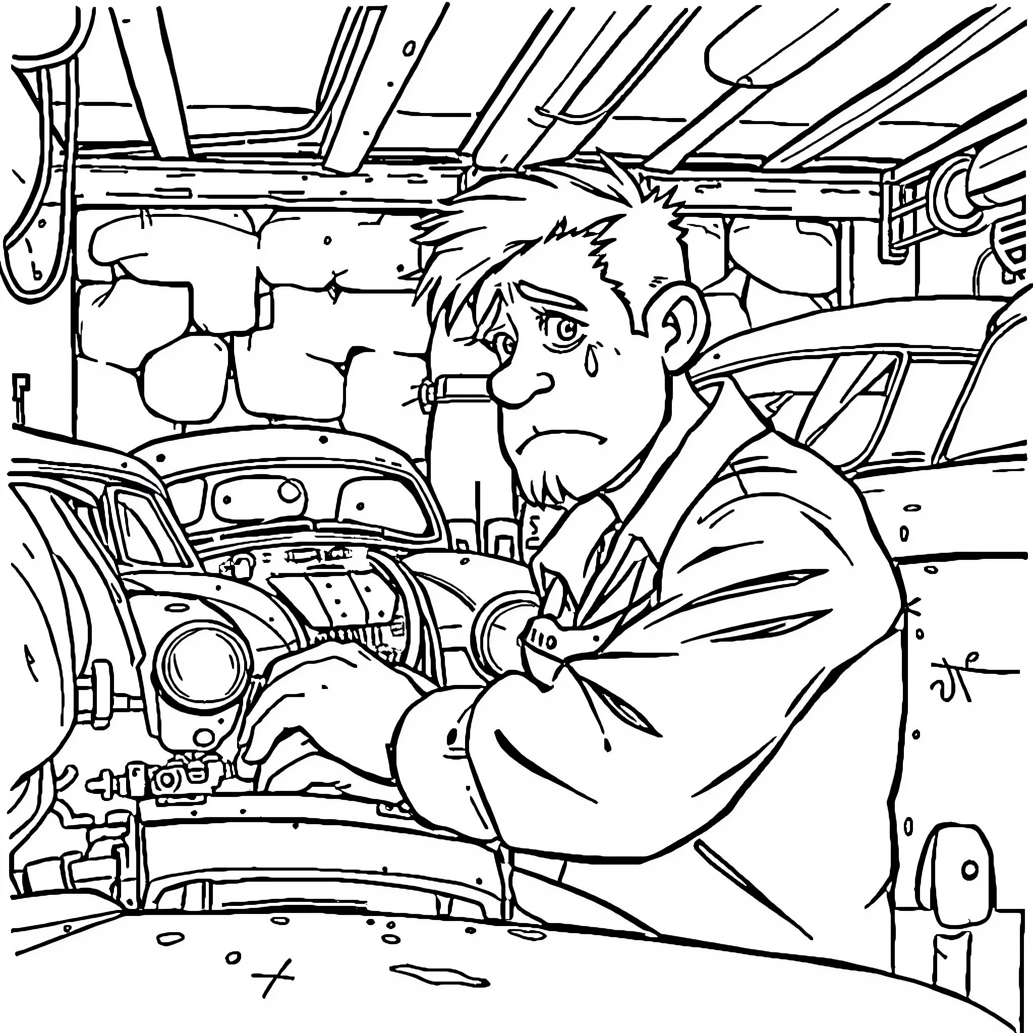 Car Mechanic Repairing Vehicle in Garage Coloring Page (free black-and-white line drawing printable PDF for all, from beginners to advanced learners, including children, teens, adults, and seniors)