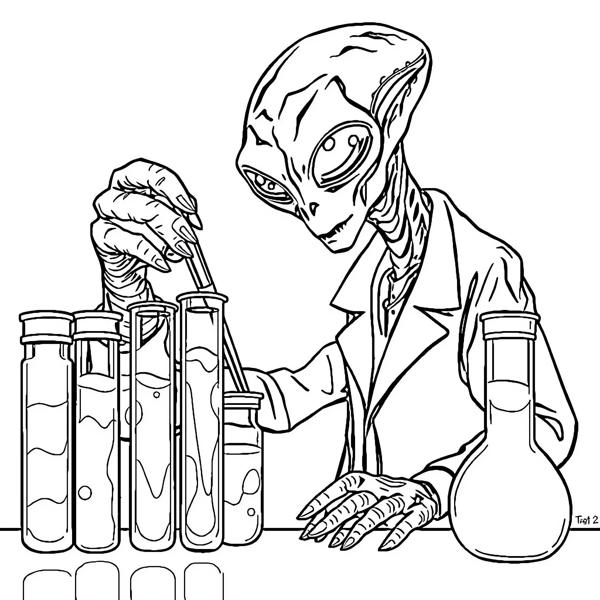 Alien scientist conducting experiments in the laboratory Coloring Page (free black-and-white line drawing printable PDF for all, from beginners to advanced learners, including children, teens, adults, and seniors)