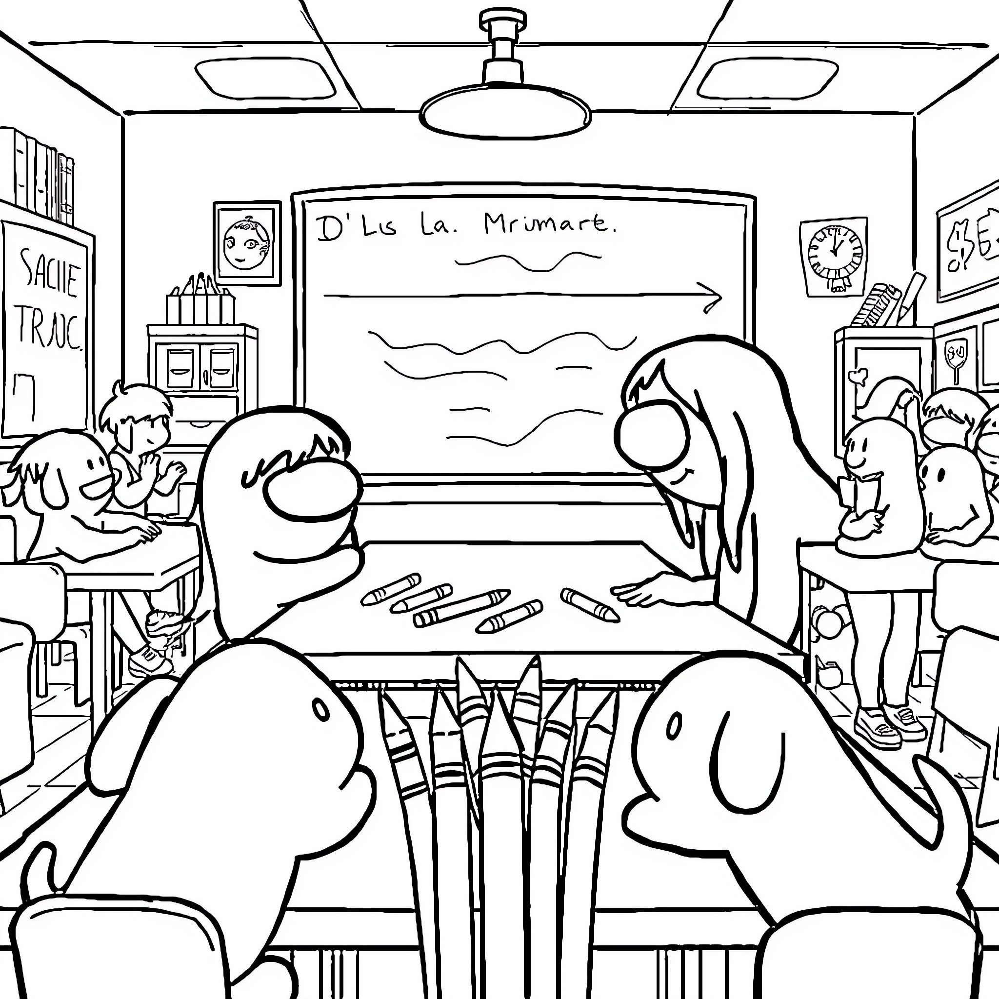 Among Us: Students in Classroom Coloring Page (free black-and-white line drawing printable PDF for all, from beginners to advanced learners, including children, teens, adults, and seniors)