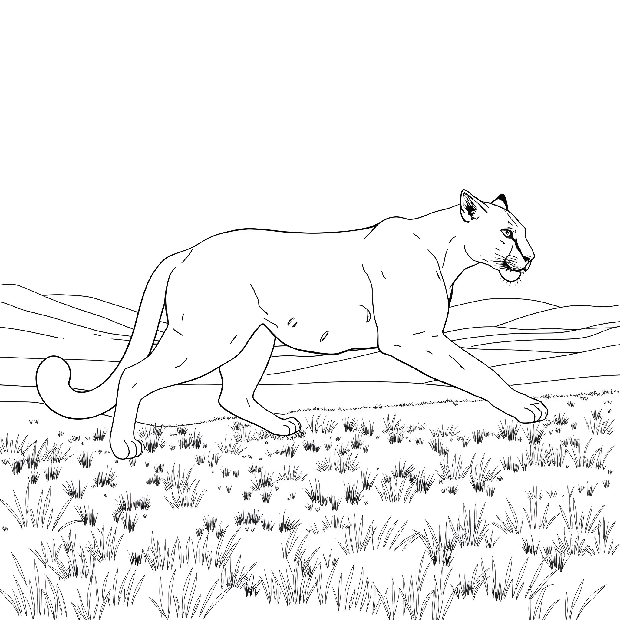 Cougar stalking through the grassy meadow Coloring Page (free black-and-white line drawing printable PDF for all, from beginners to advanced learners, including children, teens, adults, and seniors)