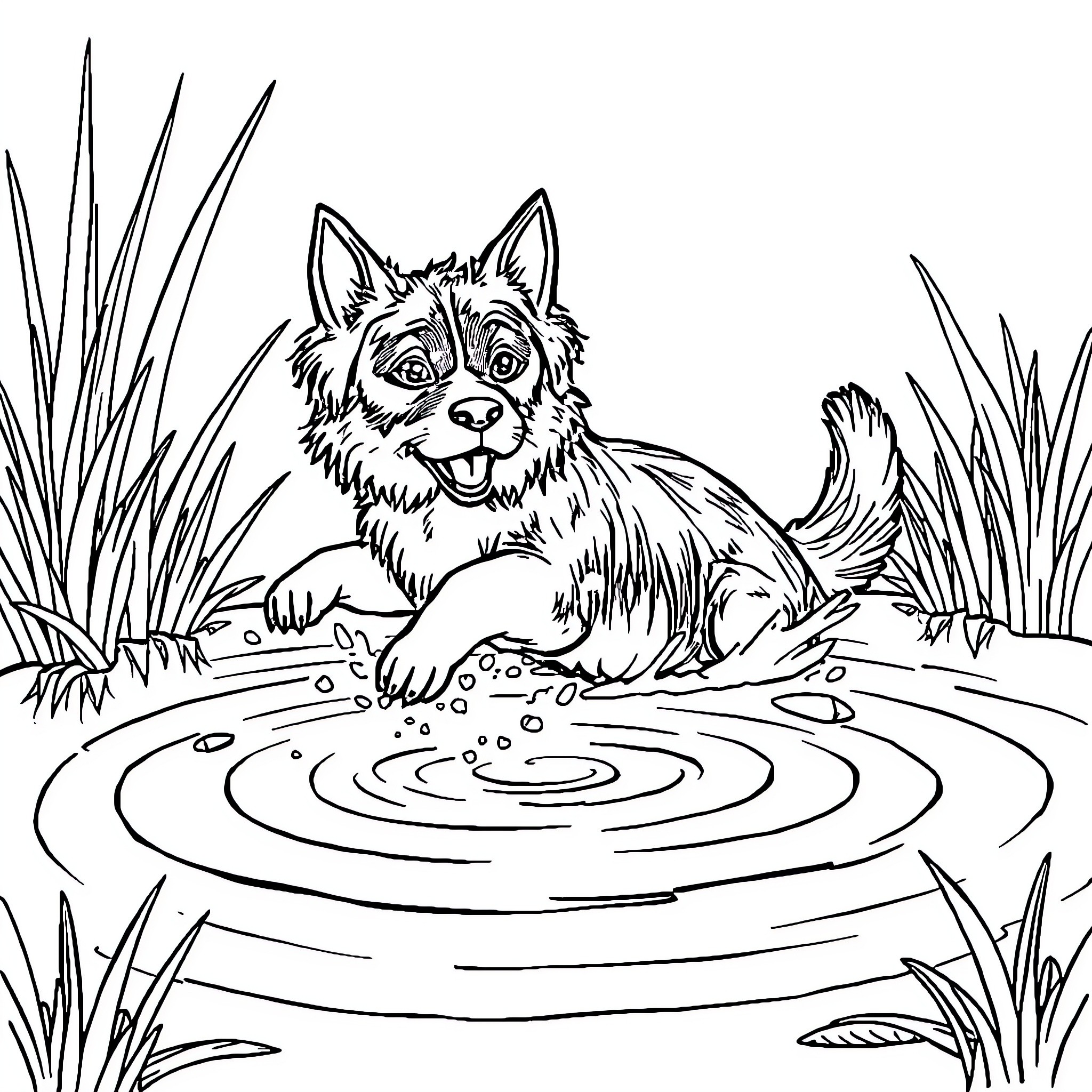 Perro playing happily in the water Coloring Page (free black-and-white line drawing printable PDF for all, from beginners to advanced learners, including children, teens, adults, and seniors)