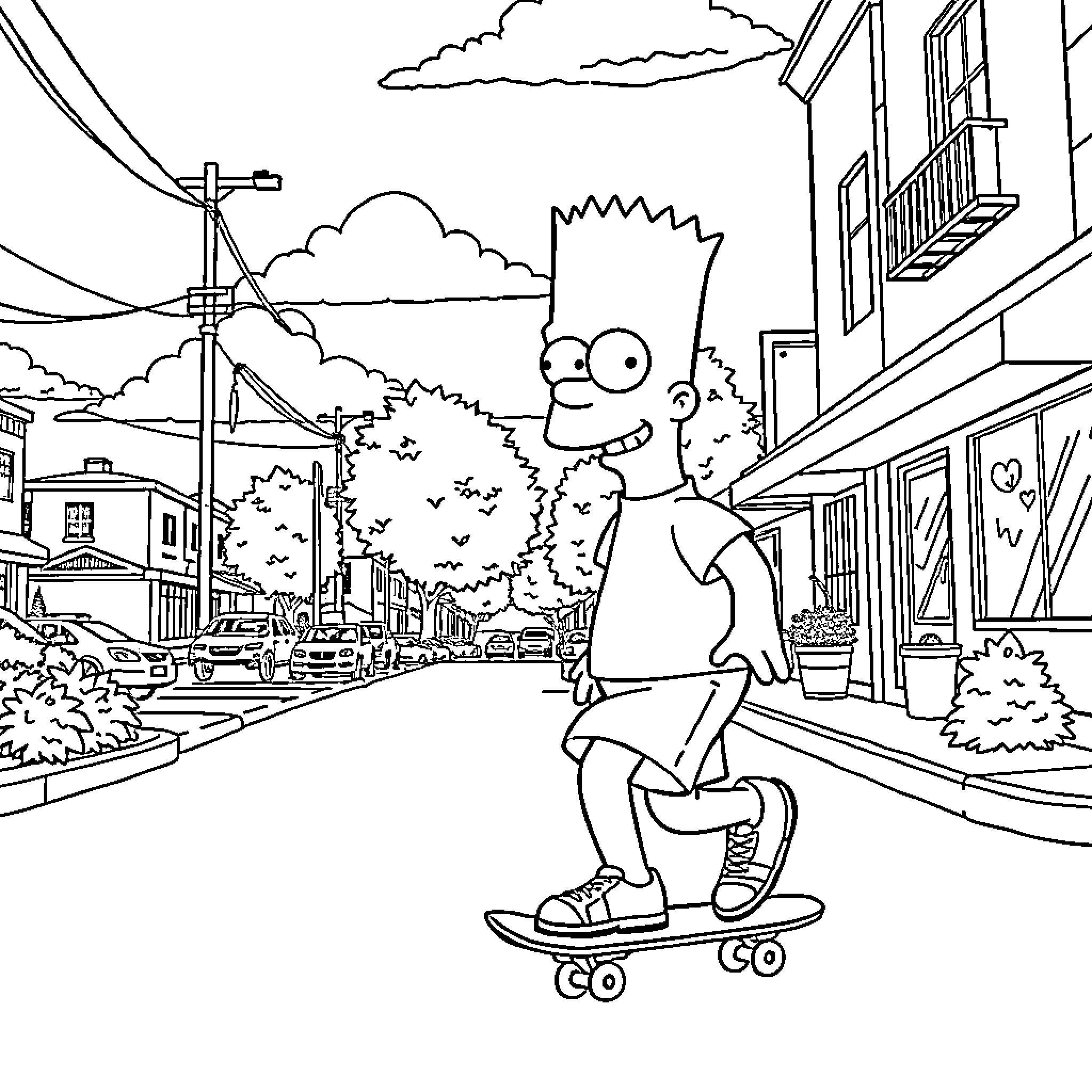 Bart Simpson skateboarding through the city Coloring Page (free black-and-white line drawing printable PDF for all, from beginners to advanced learners, including children, teens, adults, and seniors)