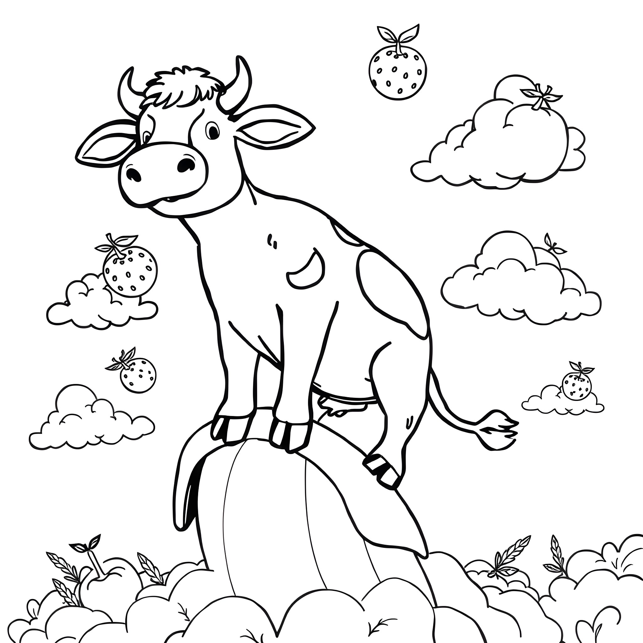 Cow standing on clouds in the sky Coloring Page (free black-and-white line drawing printable PDF for all, from beginners to advanced learners, including children, teens, adults, and seniors)
