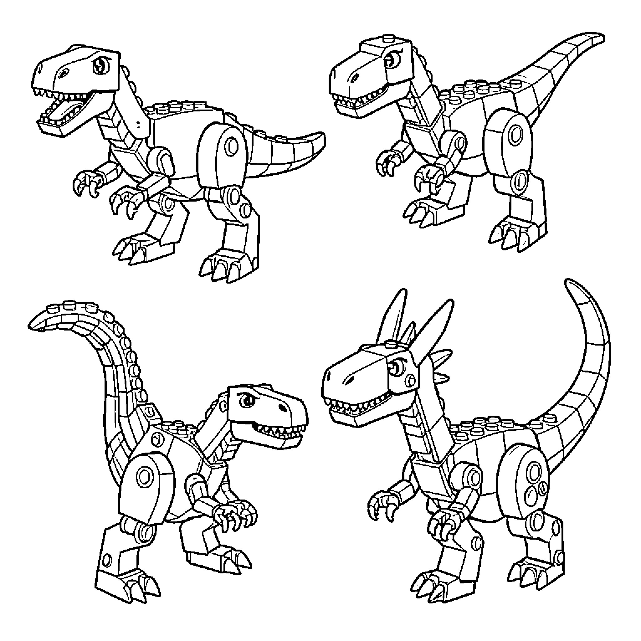Dinosaur figures constructed from toy building blocks Coloring Page (free black-and-white line drawing printable PDF for all, from beginners to advanced learners, including children, teens, adults, and seniors)