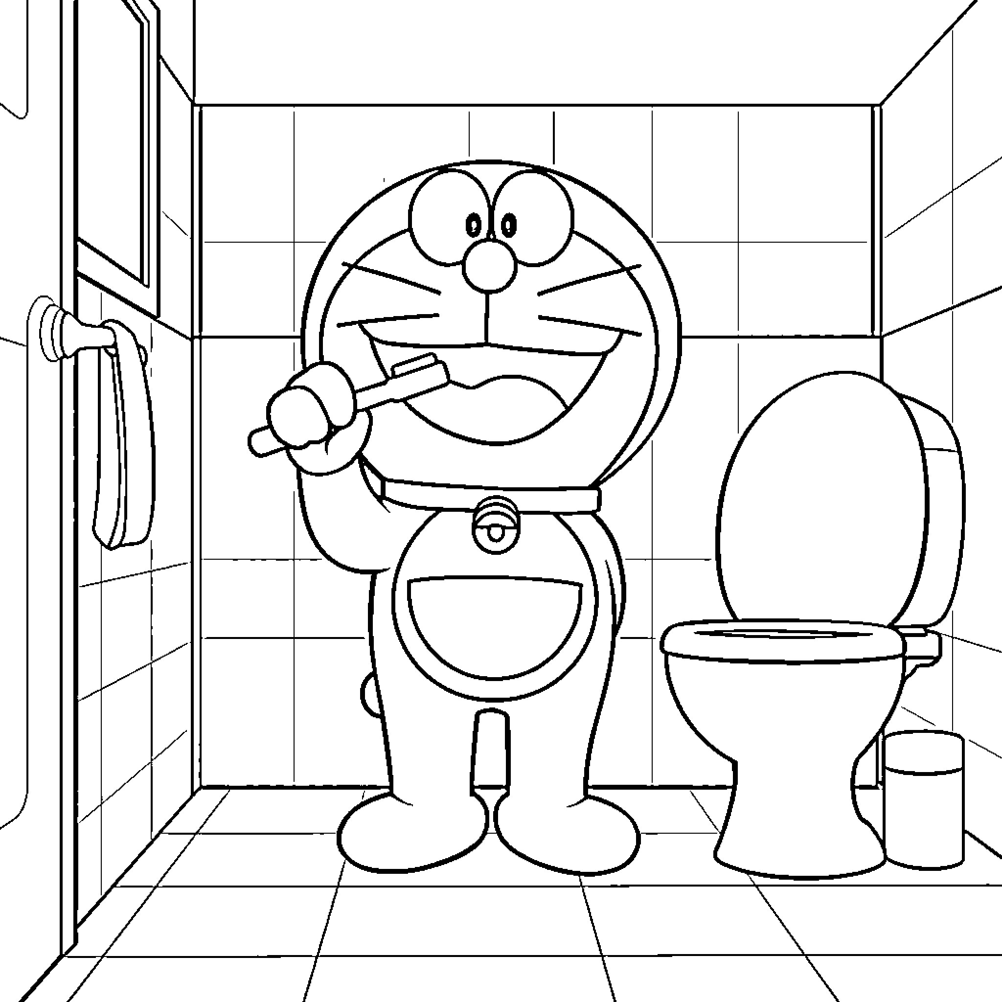 Doraemon cleaning the bathroom with a plunger Coloring Page (free black-and-white line drawing printable PDF for all, from beginners to advanced learners, including children, teens, adults, and seniors)