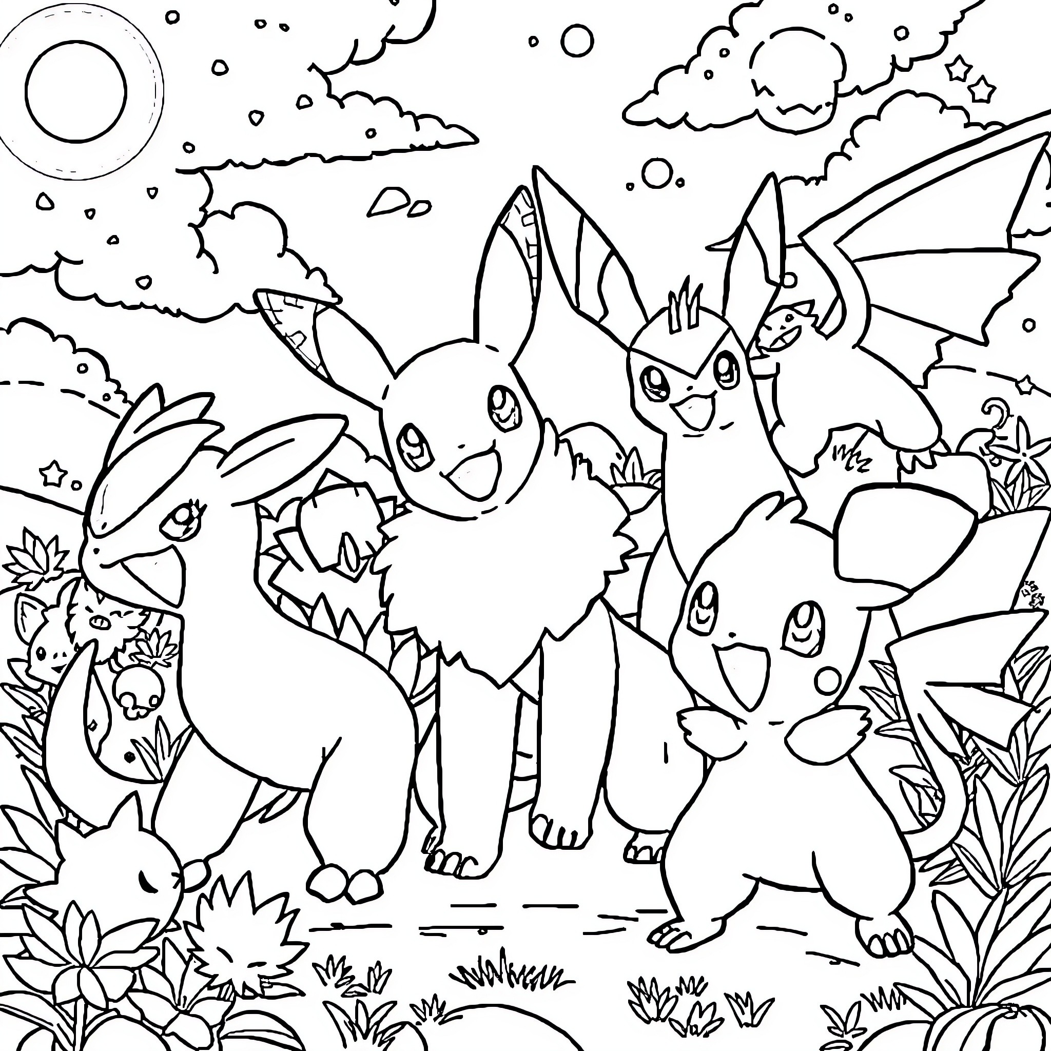 Pokémon creatures exploring a magical landscape Coloring Page (free black-and-white line drawing printable PDF for all, from beginners to advanced learners, including children, teens, adults, and seniors)