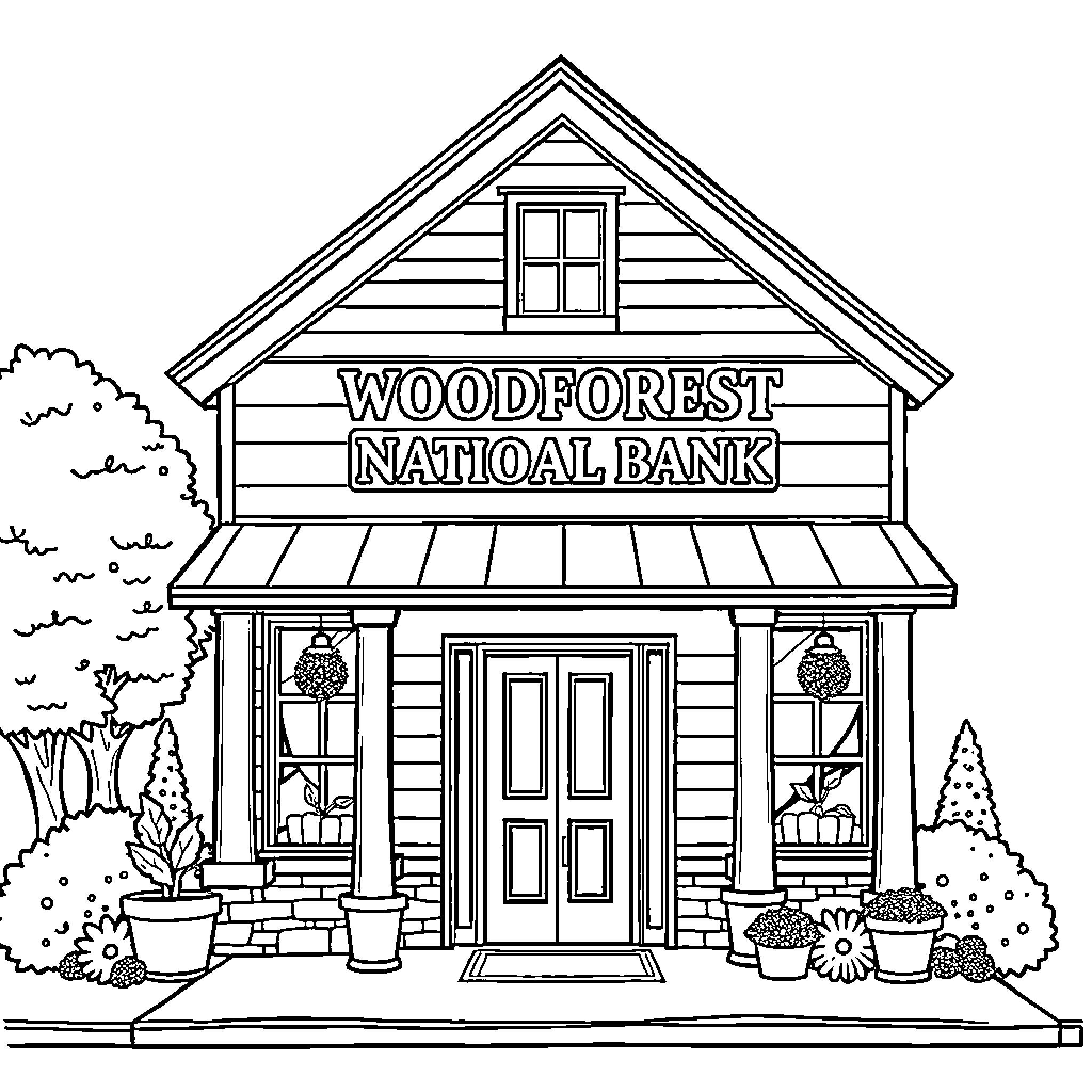 Bank building with 'Woodforest National Bank' sign Coloring Page (free black-and-white line drawing printable PDF for all, from beginners to advanced learners, including children, teens, adults, and seniors)