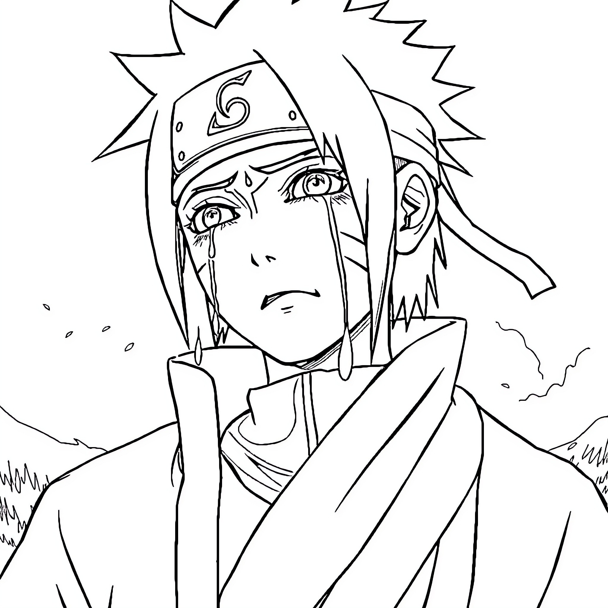 Naruto character in a pensive expression Coloring Page (free black-and-white line drawing printable PDF for all, from beginners to advanced learners, including children, teens, adults, and seniors)