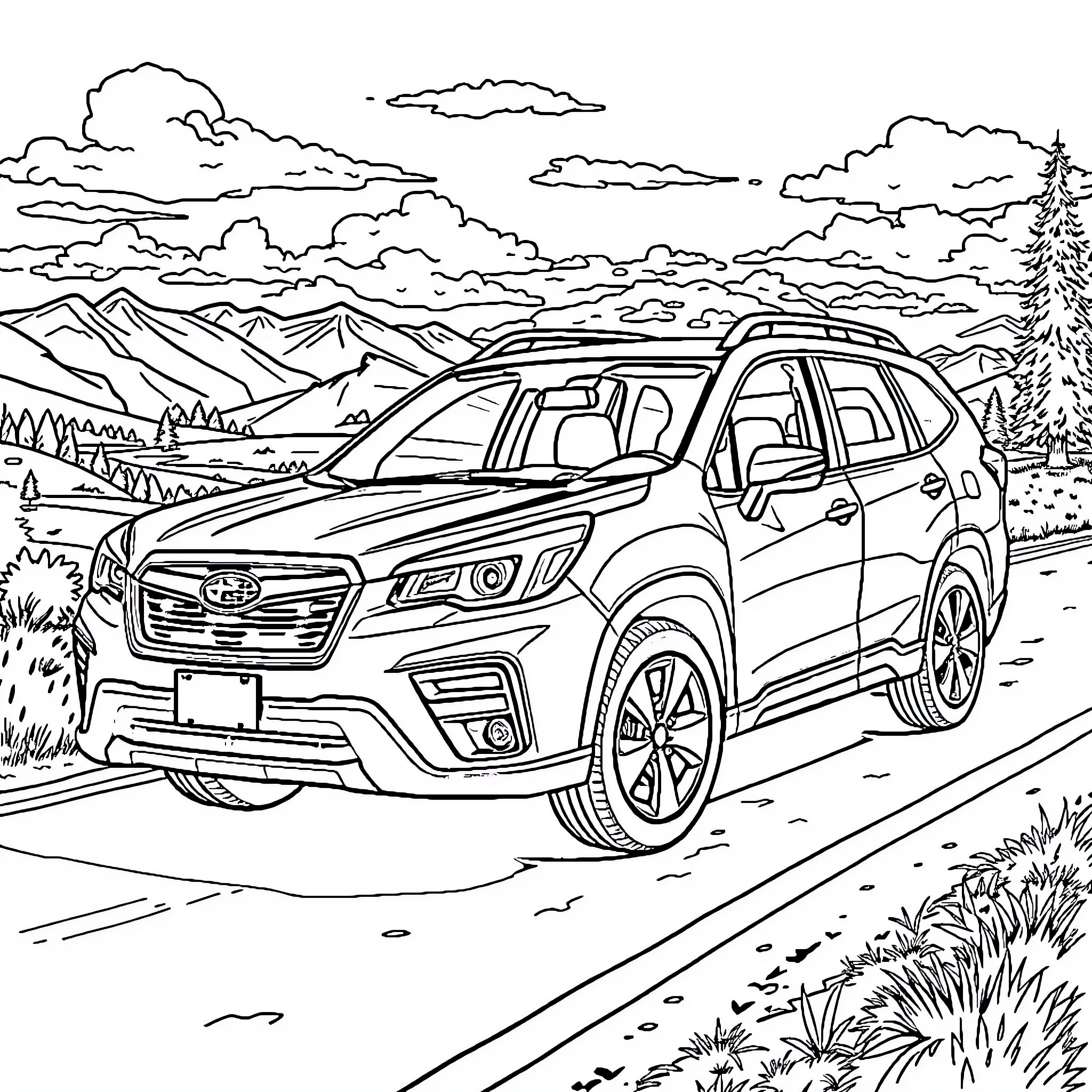 Subaru Forester driving through scenic mountain landscape Coloring Page (free black-and-white line drawing printable PDF for all, from beginners to advanced learners, including children, teens, adults, and seniors)