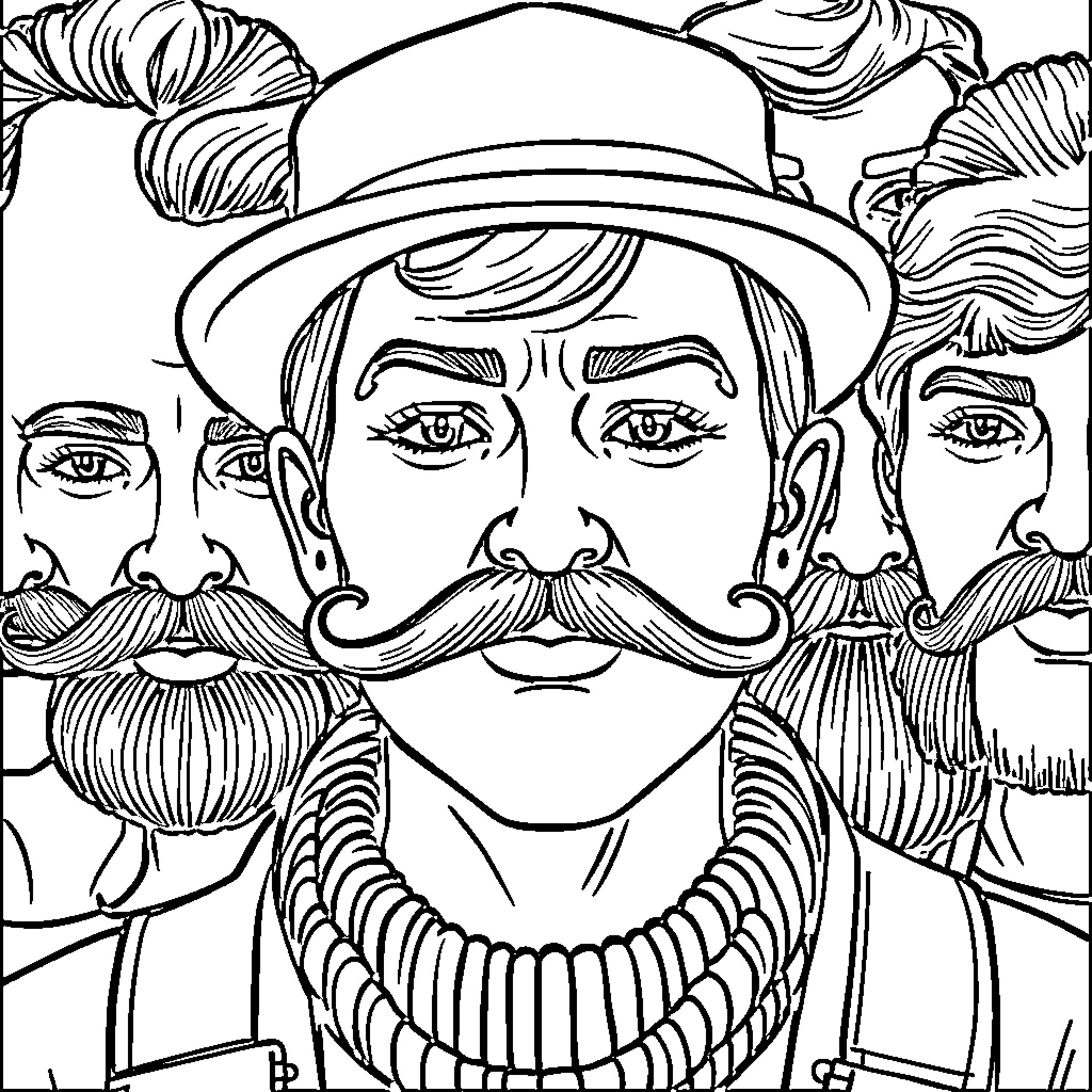 Mustache Trio: Ornate Gentleman Portraits Coloring Page (free black-and-white line drawing printable PDF for all, from beginners to advanced learners, including children, teens, adults, and seniors)