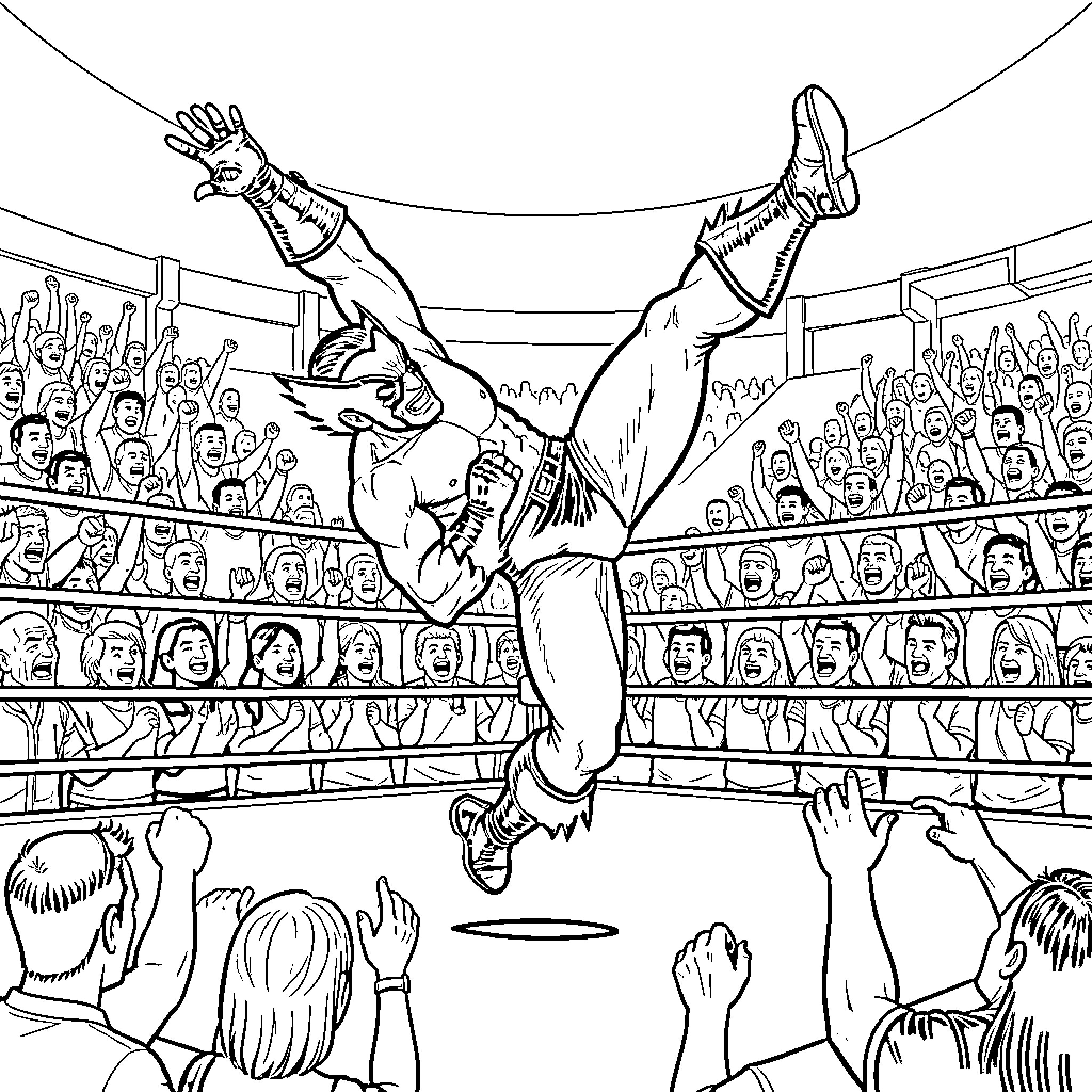 Wolverine performing a dynamic leap in a wrestling ring Coloring Page (free black-and-white line drawing printable PDF for all, from beginners to advanced learners, including children, teens, adults, and seniors)