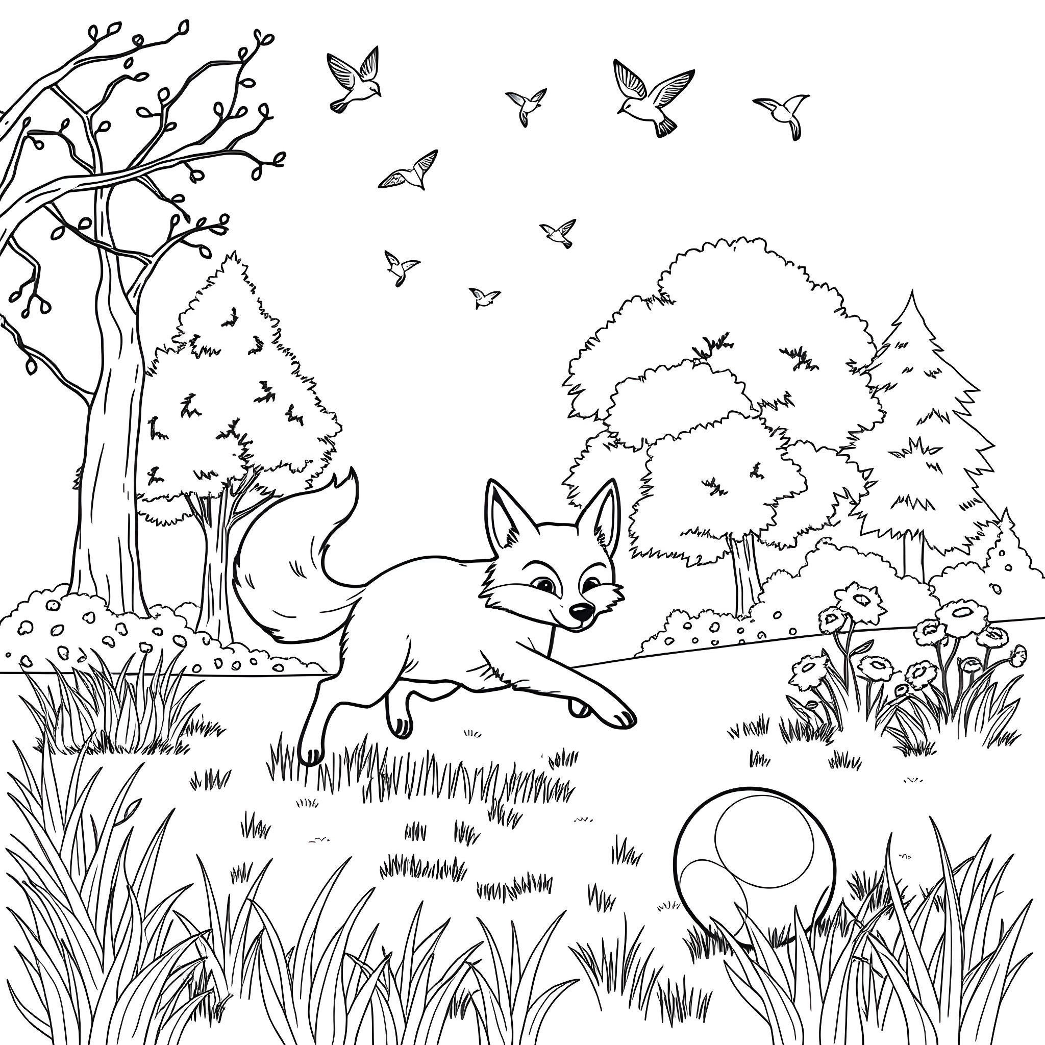 Fox playing joyfully in the enchanting forest Coloring Page (free black-and-white line drawing printable PDF for all, from beginners to advanced learners, including children, teens, adults, and seniors)