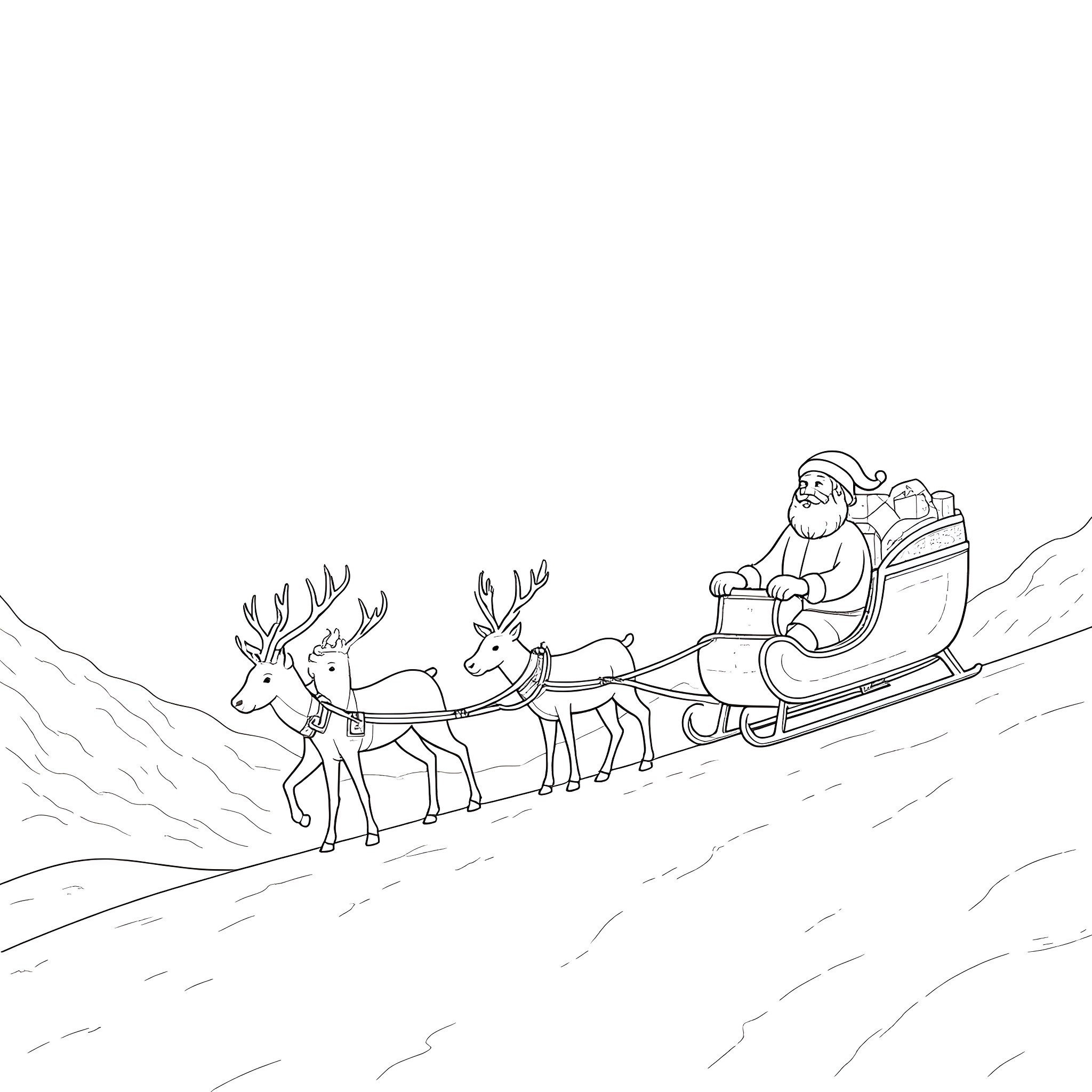Santa Claus riding a sleigh pulled by reindeer Coloring Page (free black-and-white line drawing printable PDF for all, from beginners to advanced learners, including children, teens, adults, and seniors)