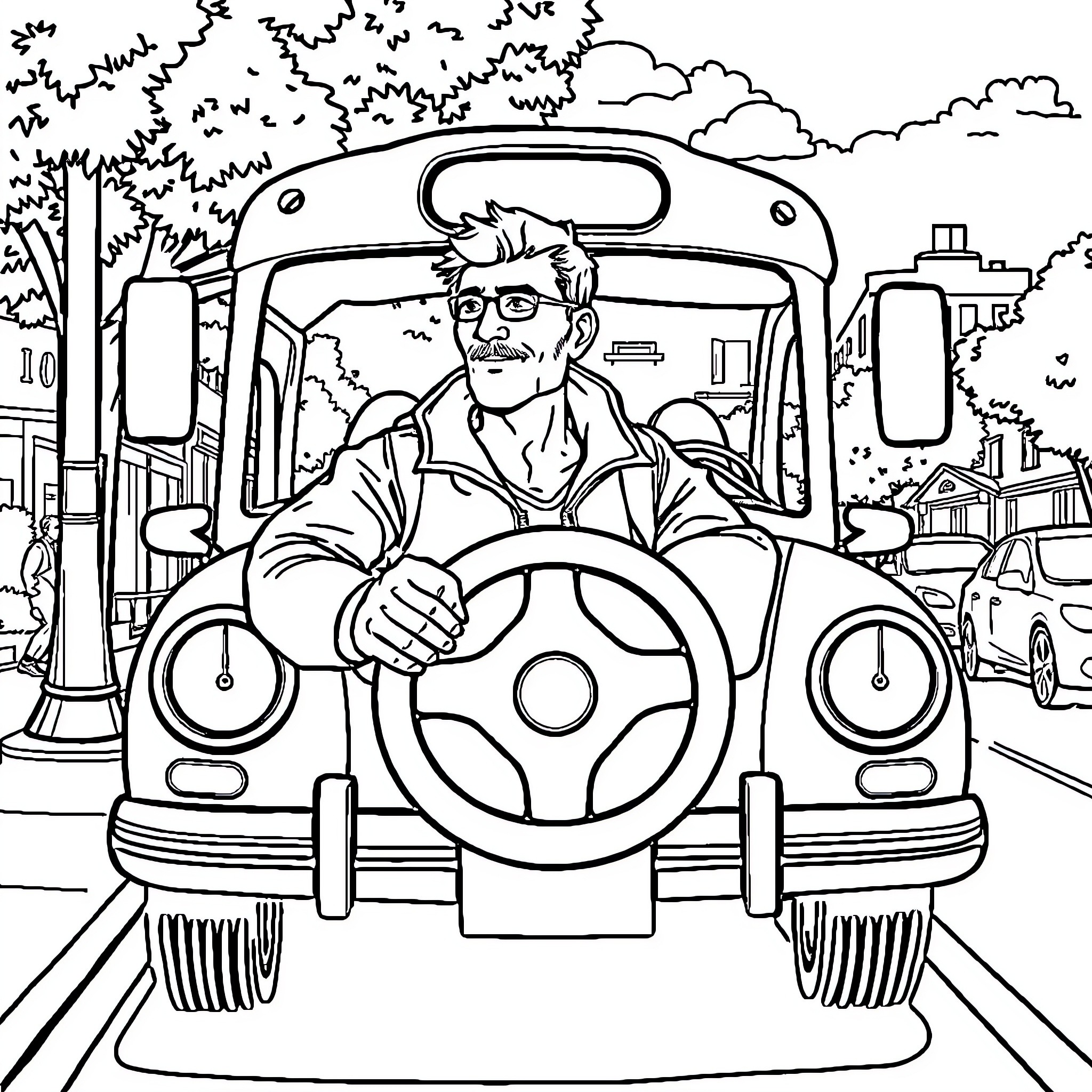 Car driver in a friendly pose on the road Coloring Page (free black-and-white line drawing printable PDF for all, from beginners to advanced learners, including children, teens, adults, and seniors)