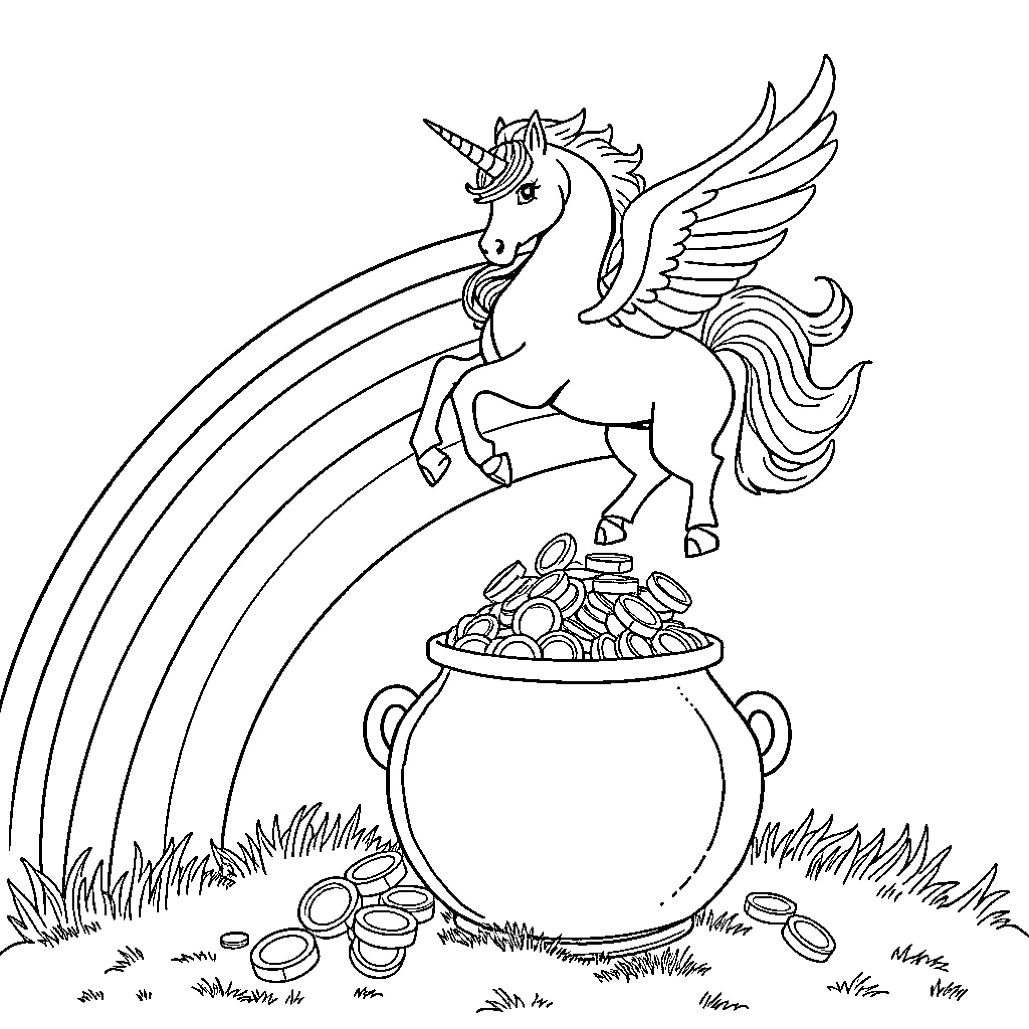 Unicorn soaring over a pot of gold Coloring Page (free black-and-white line drawing printable PDF for all, from beginners to advanced learners, including children, teens, adults, and seniors)