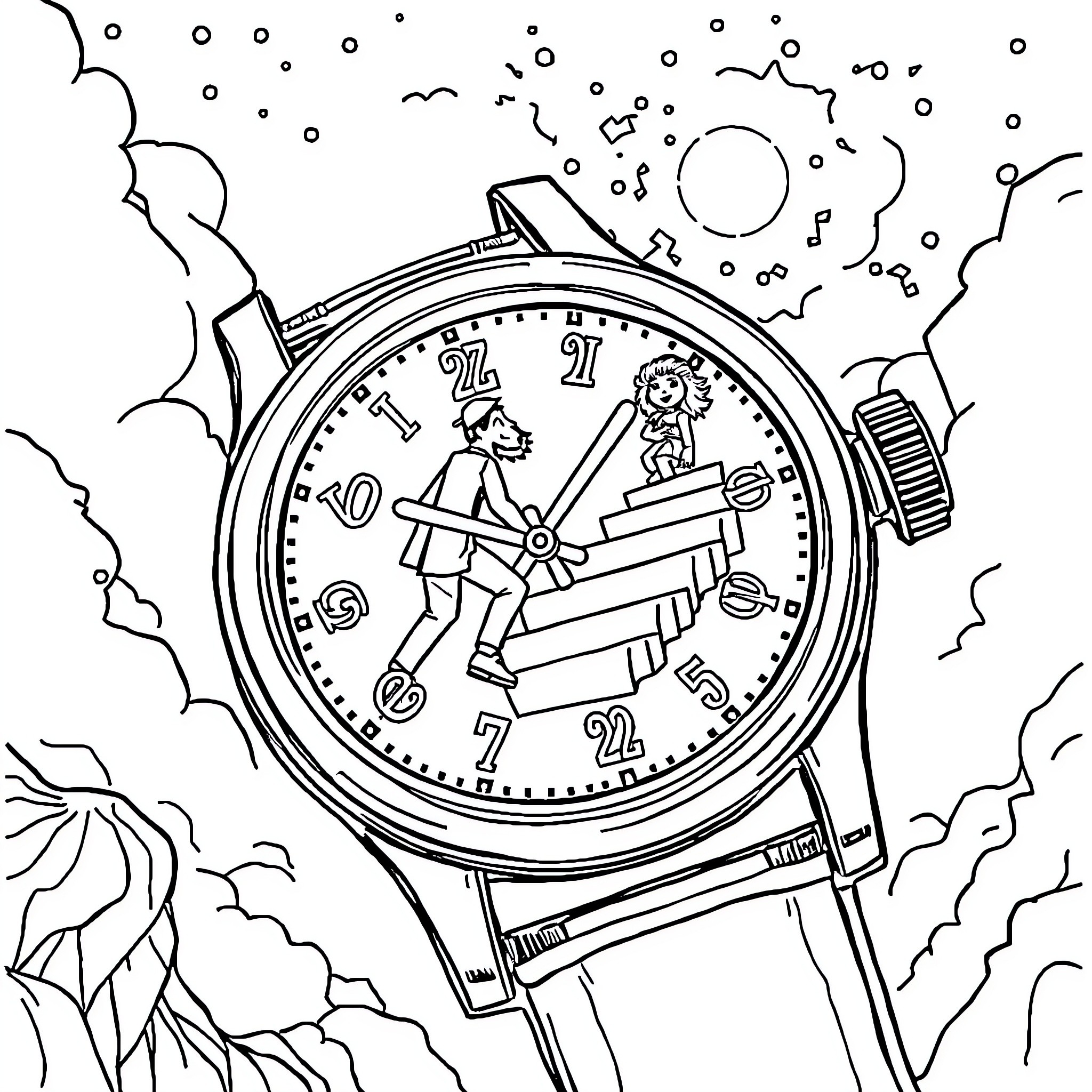 Reloj: Whimsical figures dance amid cosmic swirls Coloring Page (free black-and-white line drawing printable PDF for all, from beginners to advanced learners, including children, teens, adults, and seniors)