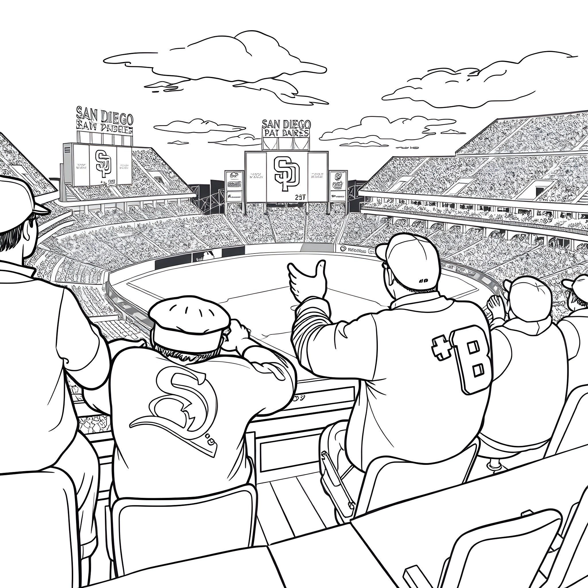 Lightning McQueen celebrates with fans at the San Diego baseball stadium Coloring Page (free black-and-white line drawing printable PDF for all, from beginners to advanced learners, including children, teens, adults, and seniors)